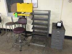 Lot of Qualtech Operator Control Stand, (3) Shop Chairs, 2-Door Vertical Filing Cabinet, and 6 Shelf