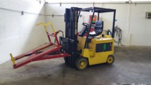 Hyster Aprox. 3,500 lb. Sit-Down Electric Forklift with Tote Dump Attachment, 3-Stage Mast, Side