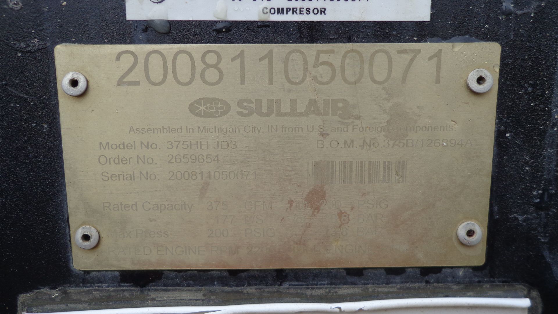 Sullair Portable Compressor, Model 375 HH JD3, S/N CS-013 / 200811050071, 375 CFM @ 200 PSIG, CAT - Image 8 of 8
