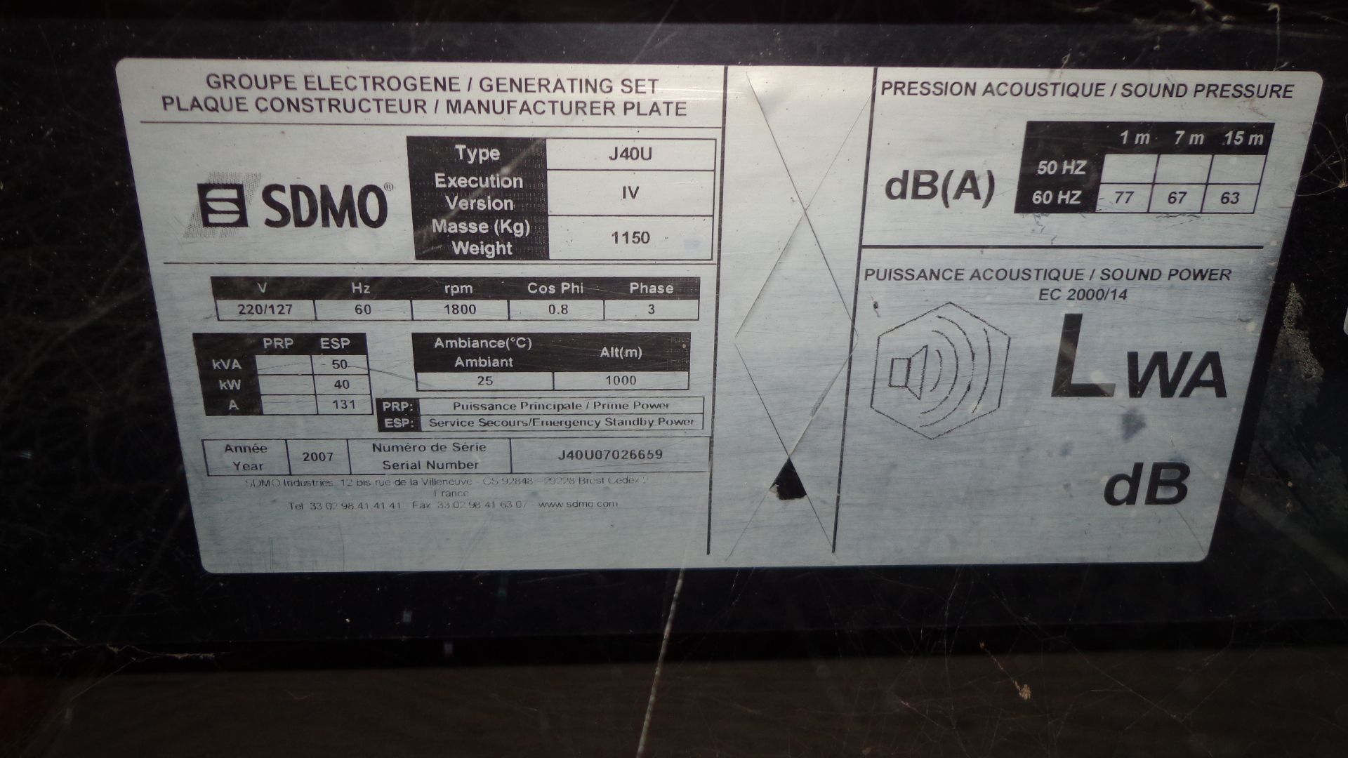 2007 SDMO Type J40U Generator with John Deere Diesel Engine, S/N J40U07026659, 1800 RPM, 50 KVA, - Image 3 of 6