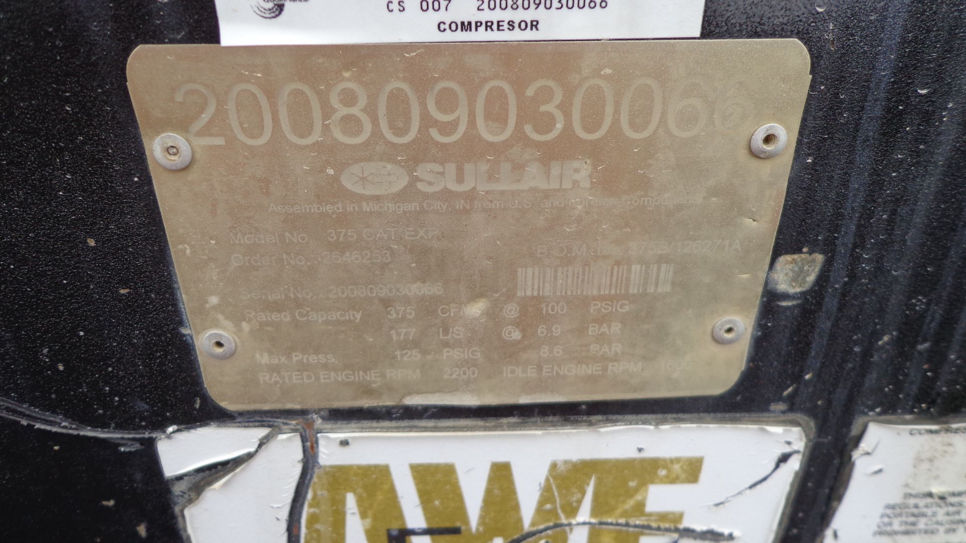 Sullair Portable Compressor, Model 375 CAT EXP, S/N CS-007 / 200809030066, Rated Cap 375 CFM @ 100 - Image 8 of 8