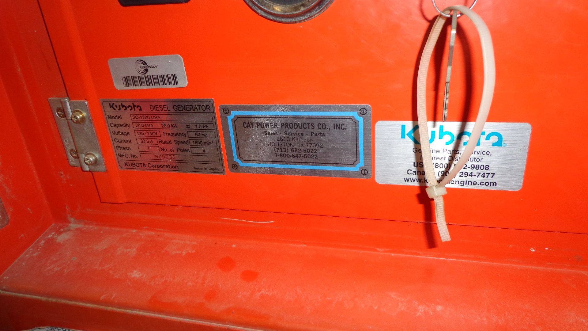 Kubota SQ-1200-USA Generator with Kubota Diesel Engine, S/N H09035/6S4586,  1800 RPM Min, 20 KVA, 20 - Image 5 of 5