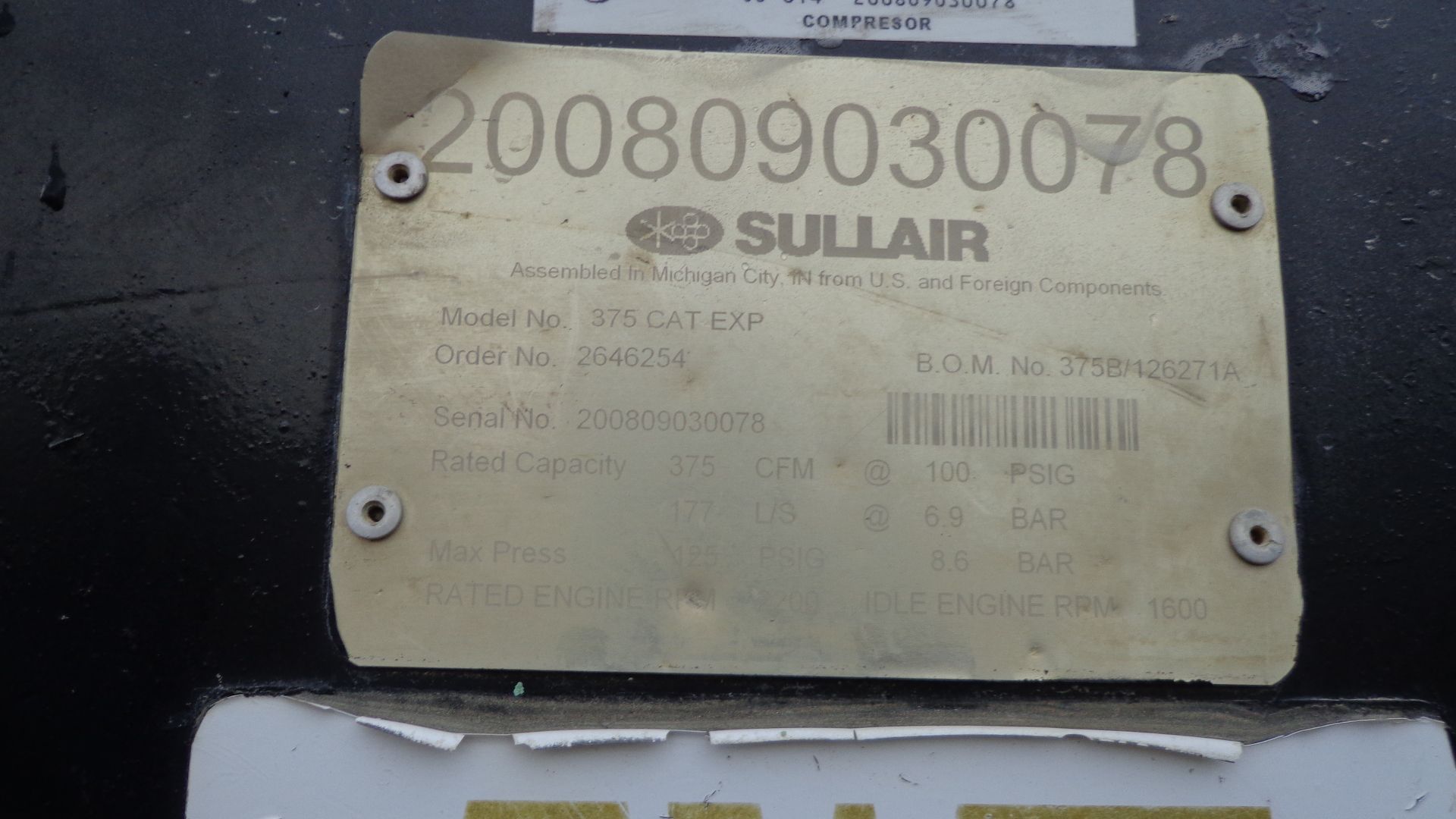 Sullair Portable Compressor, Model 375 CAT EXP, S/N CS-014 / 200809030078, rated Cap 375 CFM @ 100 - Image 9 of 9