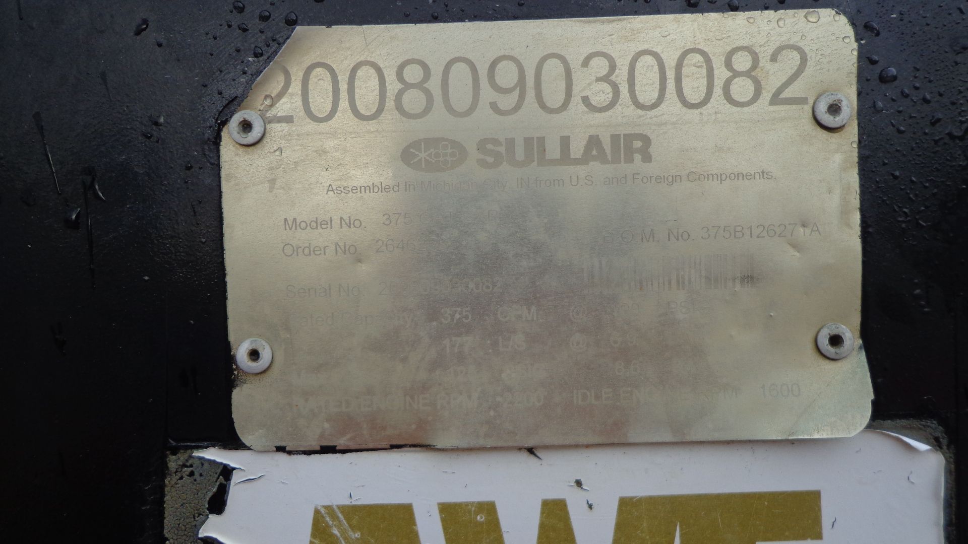 Sullair Portable Compressor, Model 375 CAT EXP, S/N CS-015 / 200809030082, Rated 375 CFM @100 - Image 8 of 8