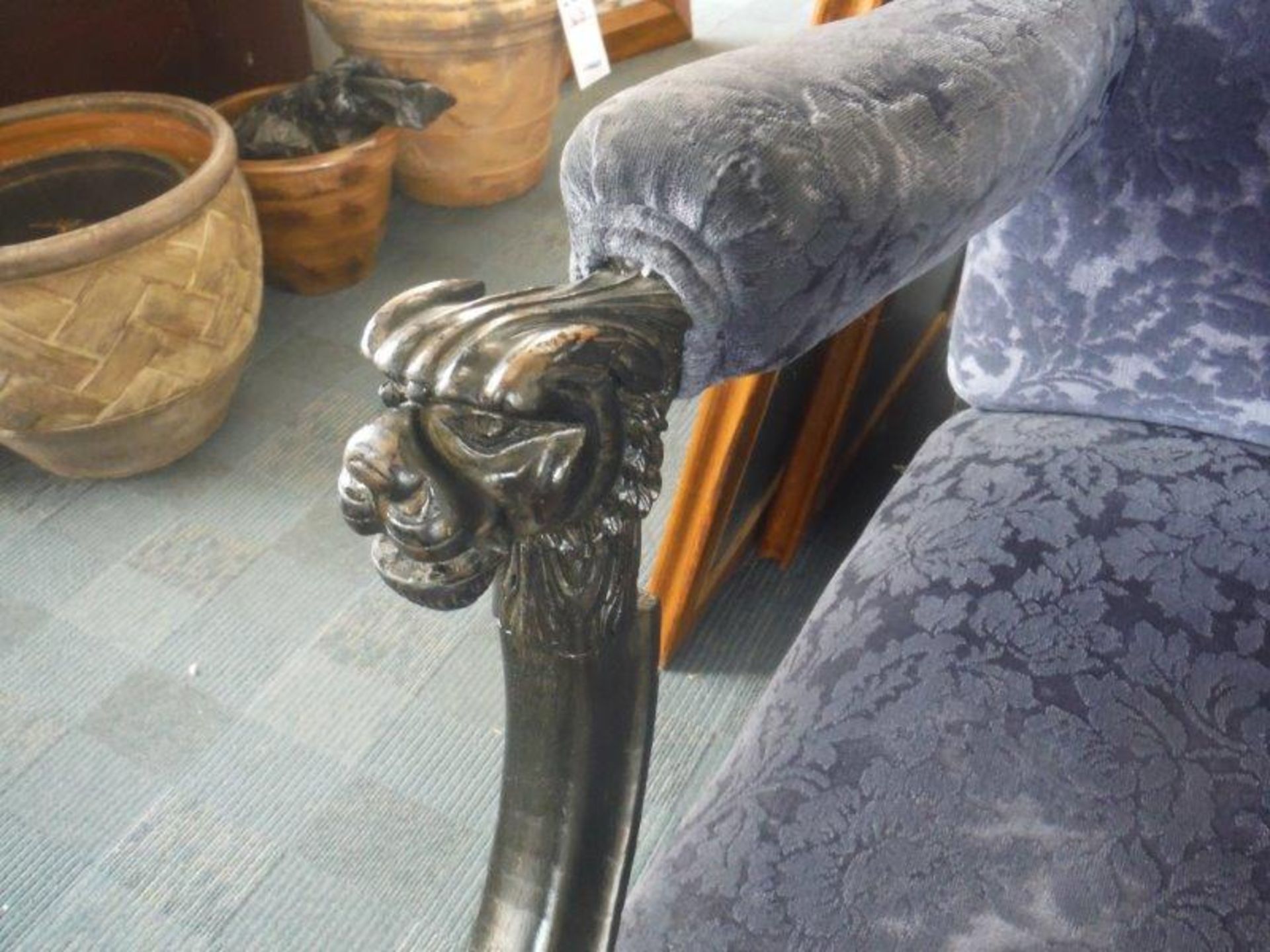 ARM CHAIR BLUE UPHOLSTERY, CARVED CLAW ARM REST - Image 2 of 3