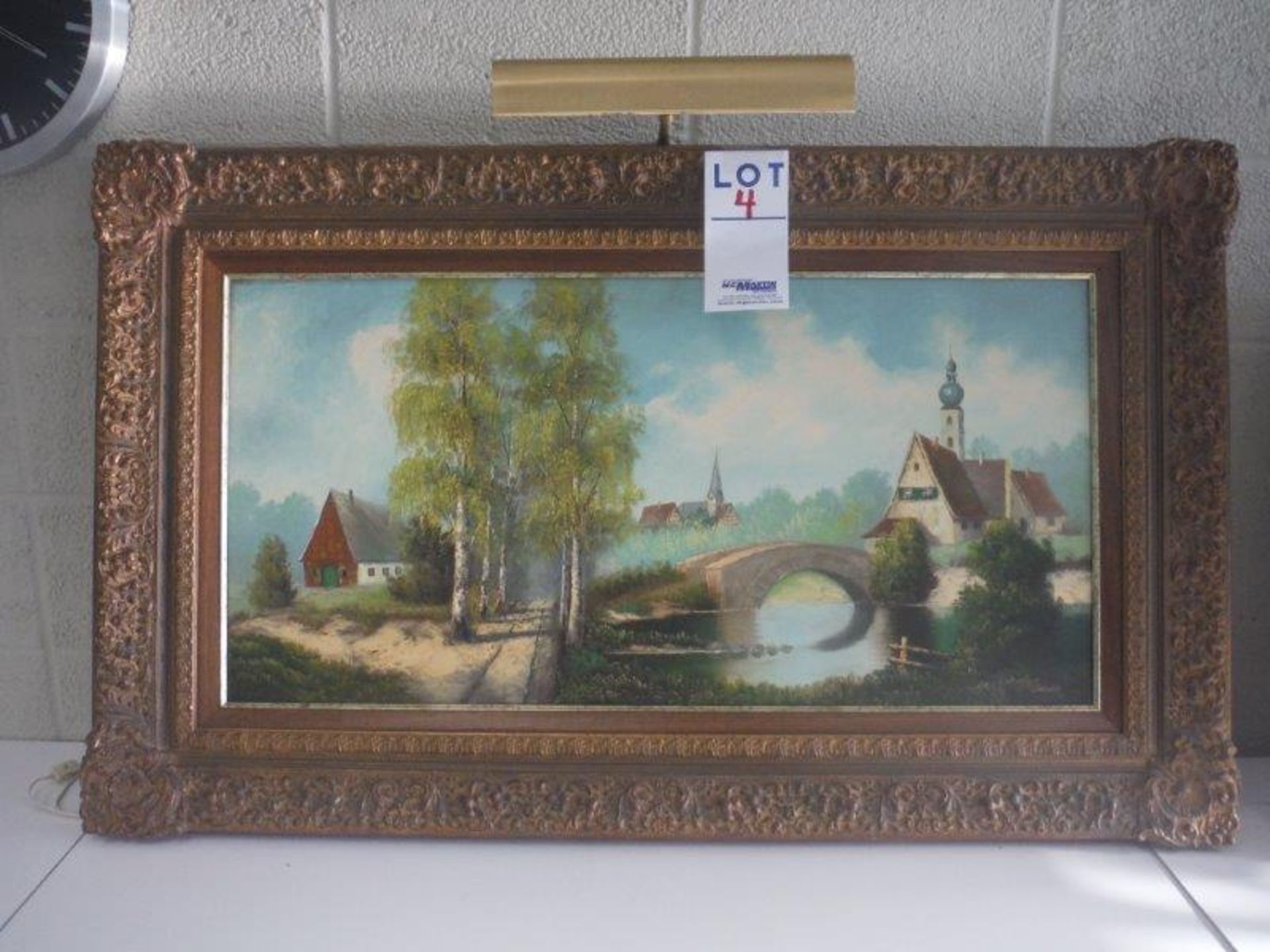 RIVER W/ BRIDGE + CHURCH 20"X39" ARTIST:KRAUS