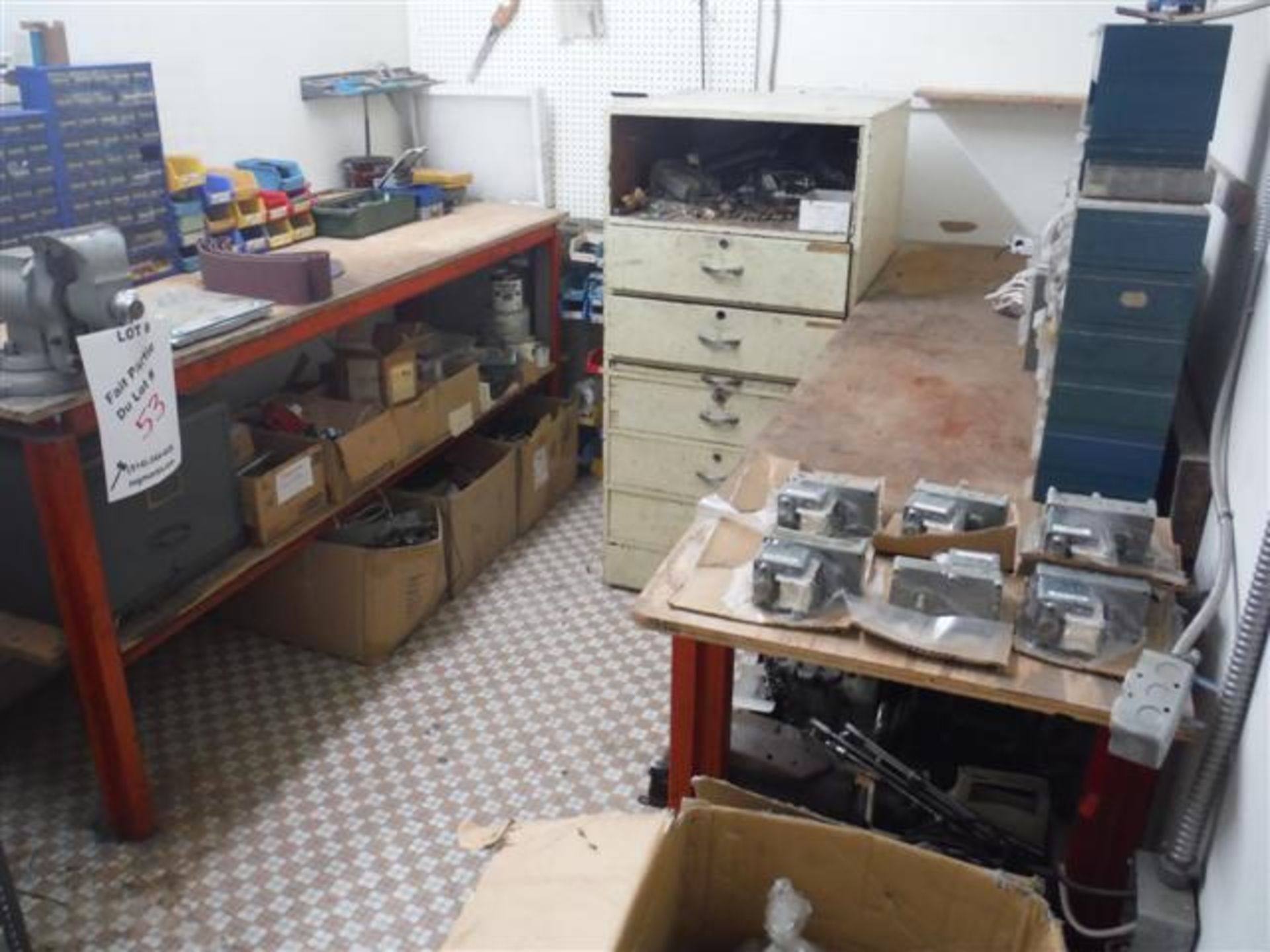 WORK TABLES W/ VISES, CABINET, PARTS ETC.Sold as a lot - Image 2 of 2