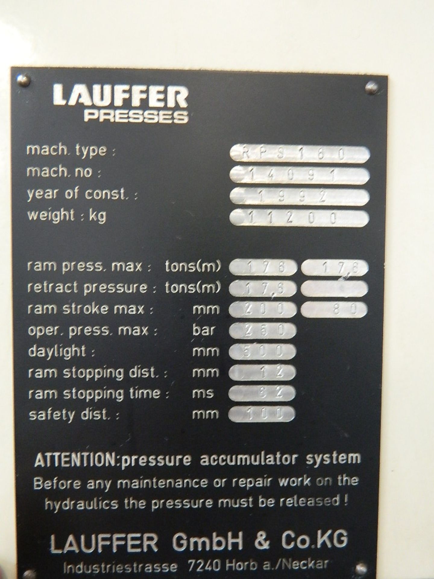 1992 176 Ton Lauffer RPS160 Hydraulic Press, S/N 14091, Max ran stroke: 7 7/8", Max opening: 19 3/ - Image 6 of 6