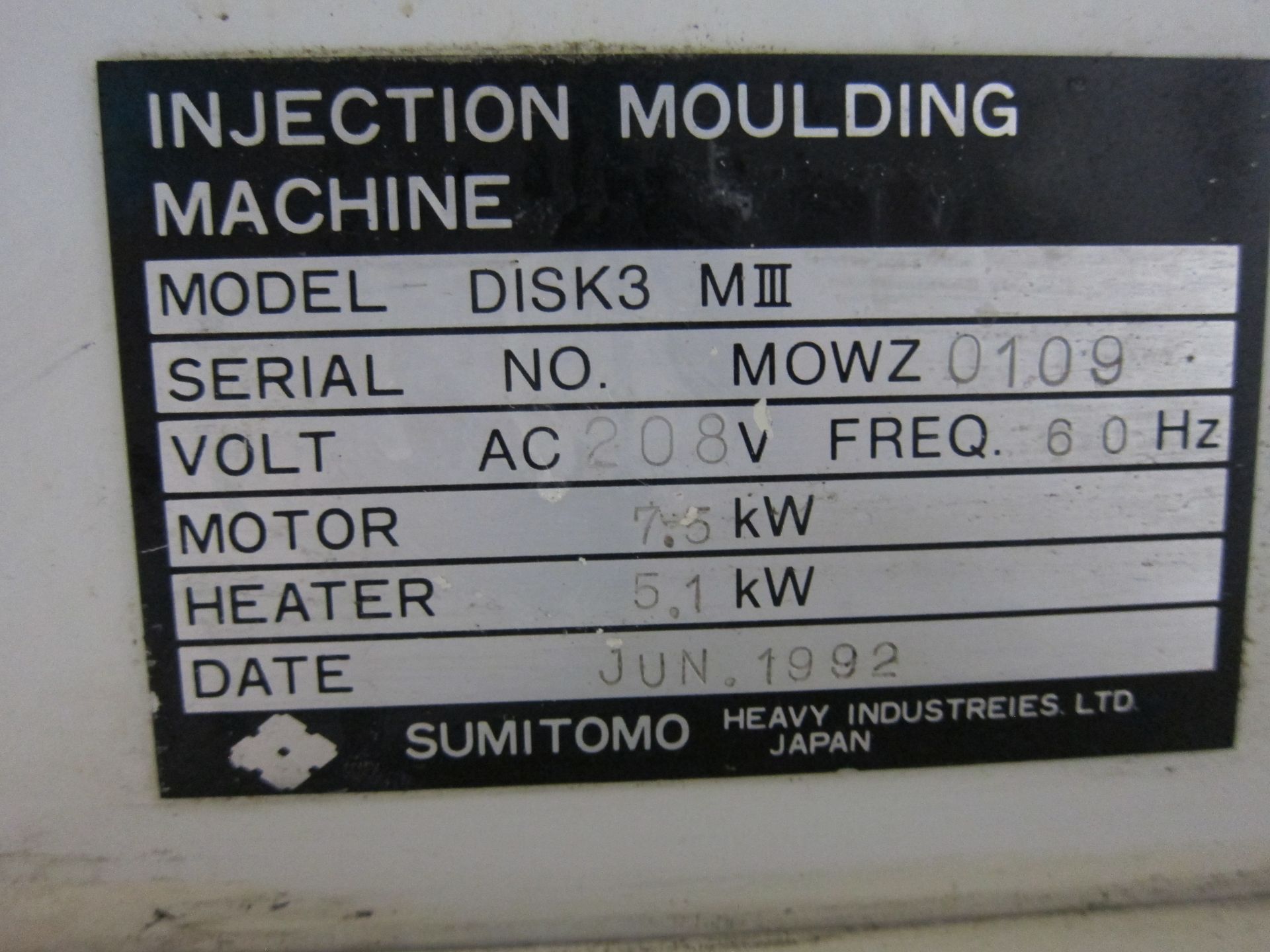 35 TON SUMITO MODEL INJECTION MOLDING MACHINE MODEL DISK3-M III S/N 0132 1993 - Image 6 of 6