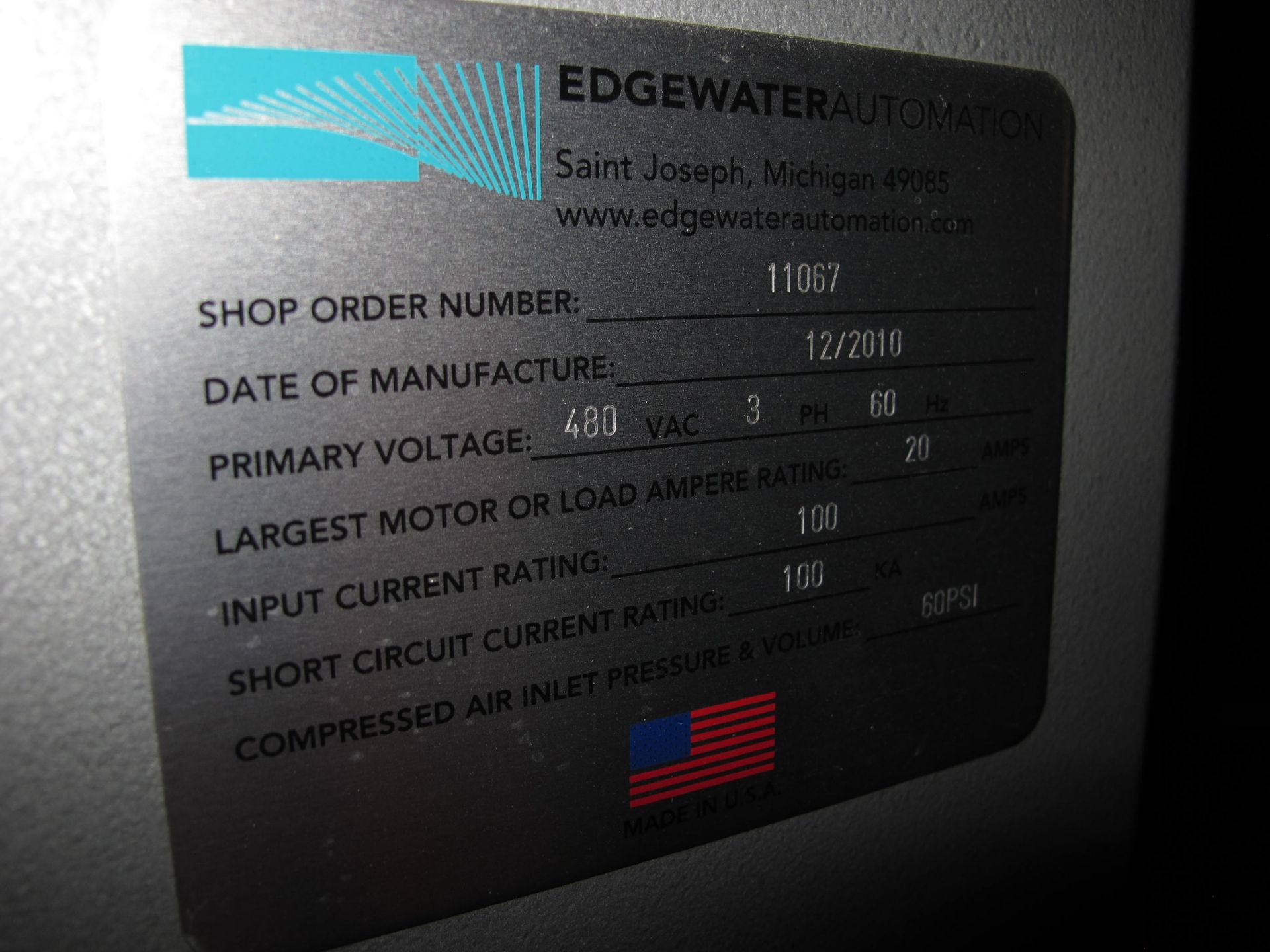 EDGEWATER AUTOMATION CONTROL PANEL FOR ASSEMBLY LINE, SHOP ORDER 11067, MANUFACTURED DATE DECEMBER - Image 4 of 4