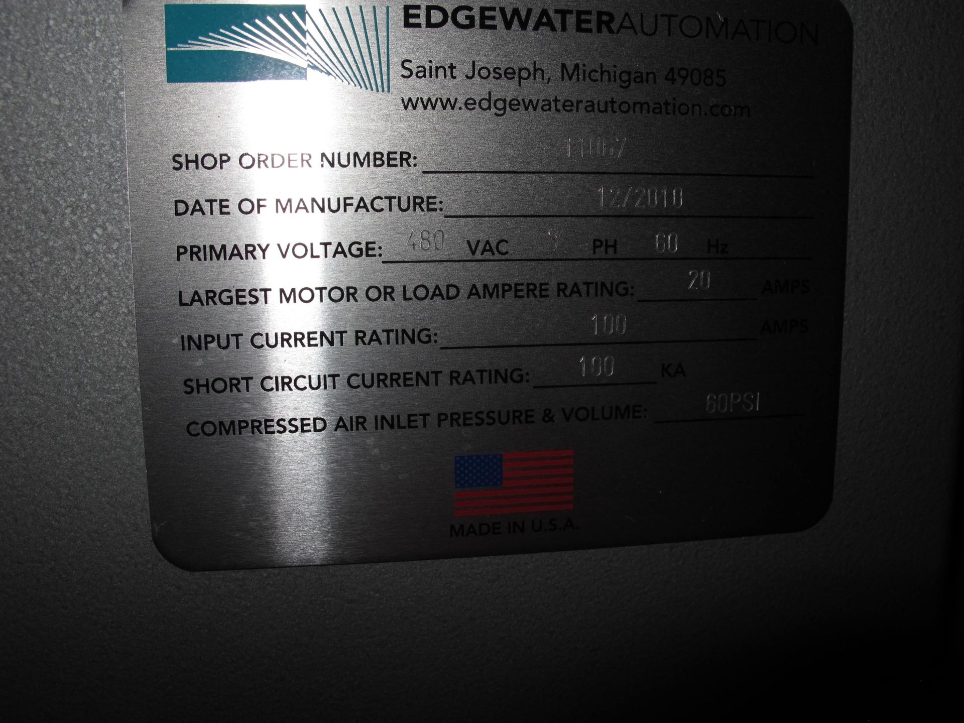EDGEWATER AUTOMATION CONTROL PANEL FOR ASSEMBLY LINE, SHOP ORDER 11067, MANUFACTURED DATE DECEMBER - Image 3 of 4