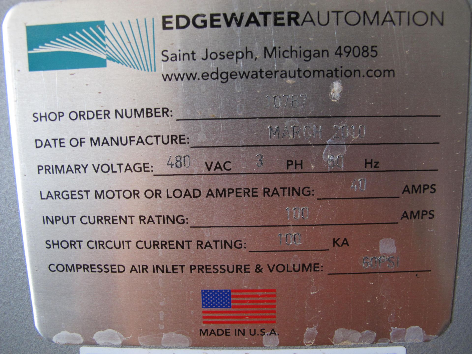 (1) EDGEWATER AUTOMATION CONTROL PANEL FOR ASSEMBLY LINE, SHOP ORDER 10767, MANUFACTURED DATE - Image 2 of 3