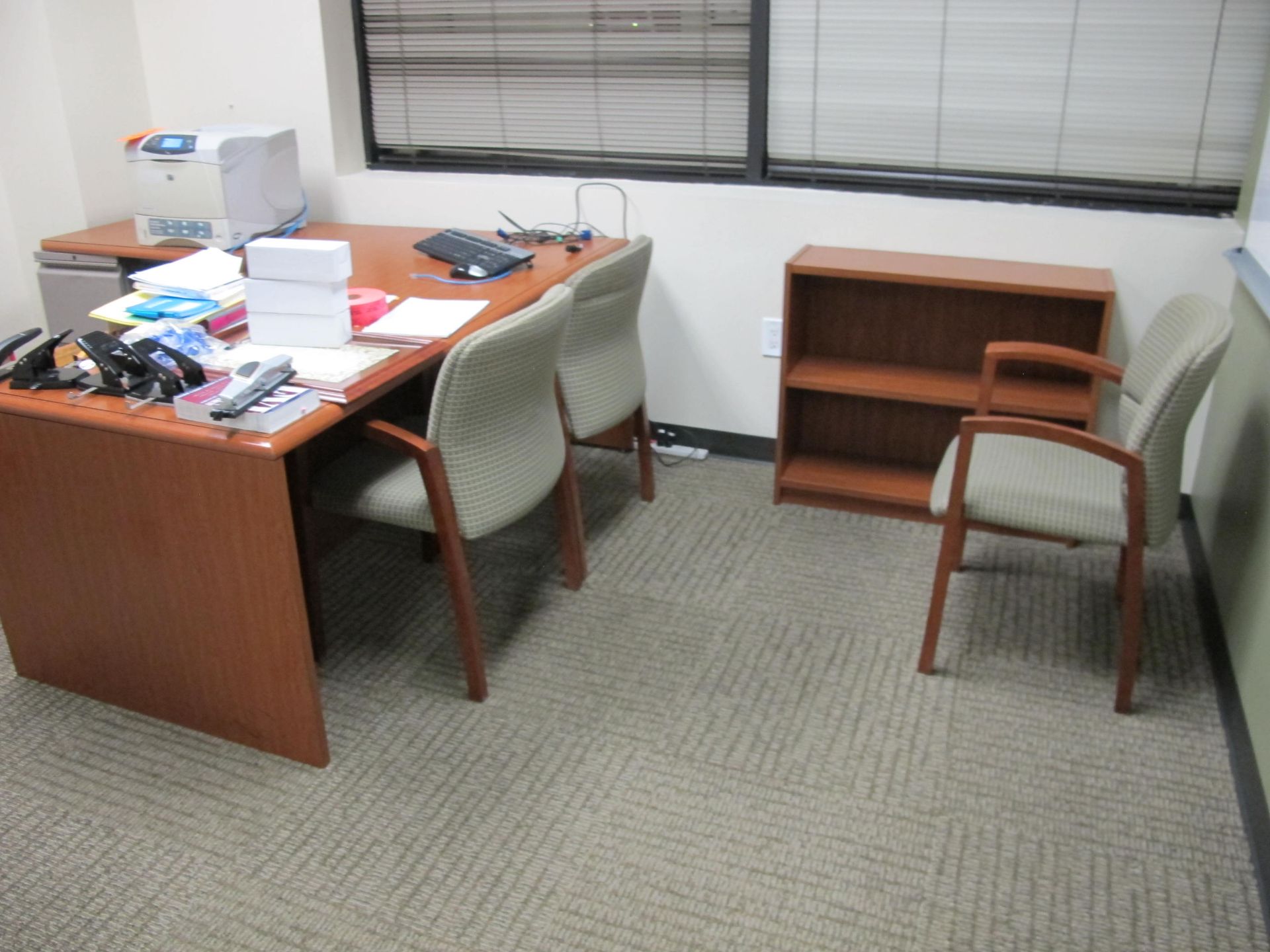 Contents of Office including L-Shaped Desk, 3 Side Chairs, 2-Shelf Bookcase, 2-Drawer Lateral File