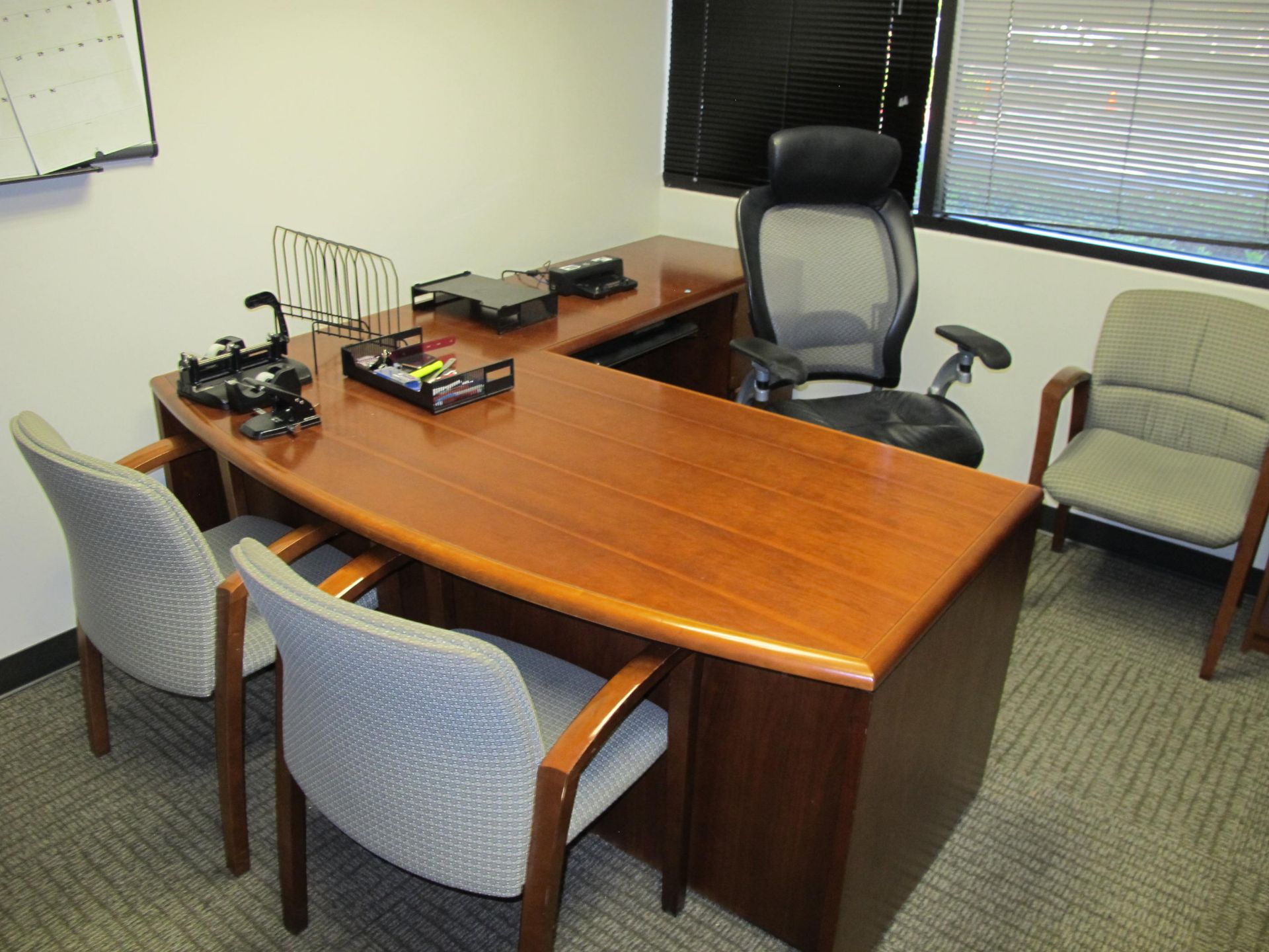 Contents of Room to Include L-Shaped Executive Desk, Exec. Chair, 2 Bookcases, 4 Side Chairs,