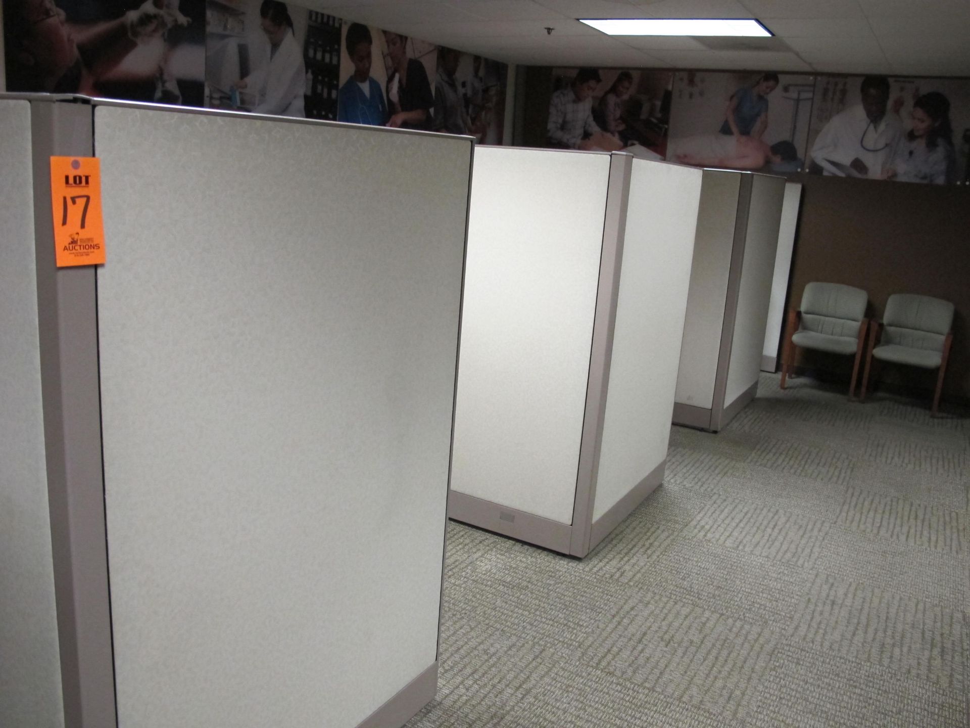 (3) Partitioned Cubicle Workstations (Including:  3 L-Shaped Desks, 1 Jr. Exec Chair, 6 Side Chairs,