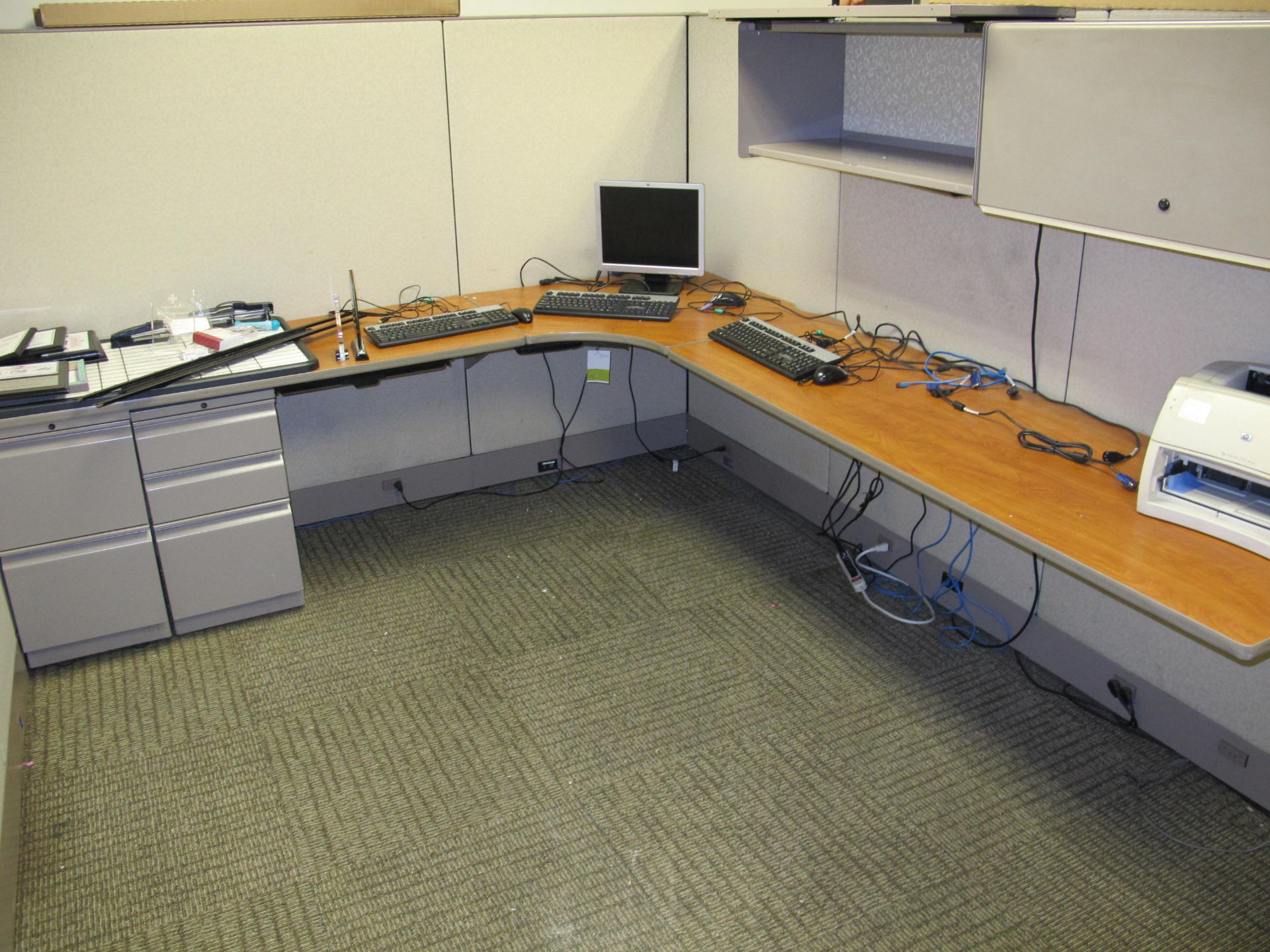 Partitioned Cubicle Workstation (Including:  L-Shaped Desk, 2 Bookshelves, Monitor, Keyboards &