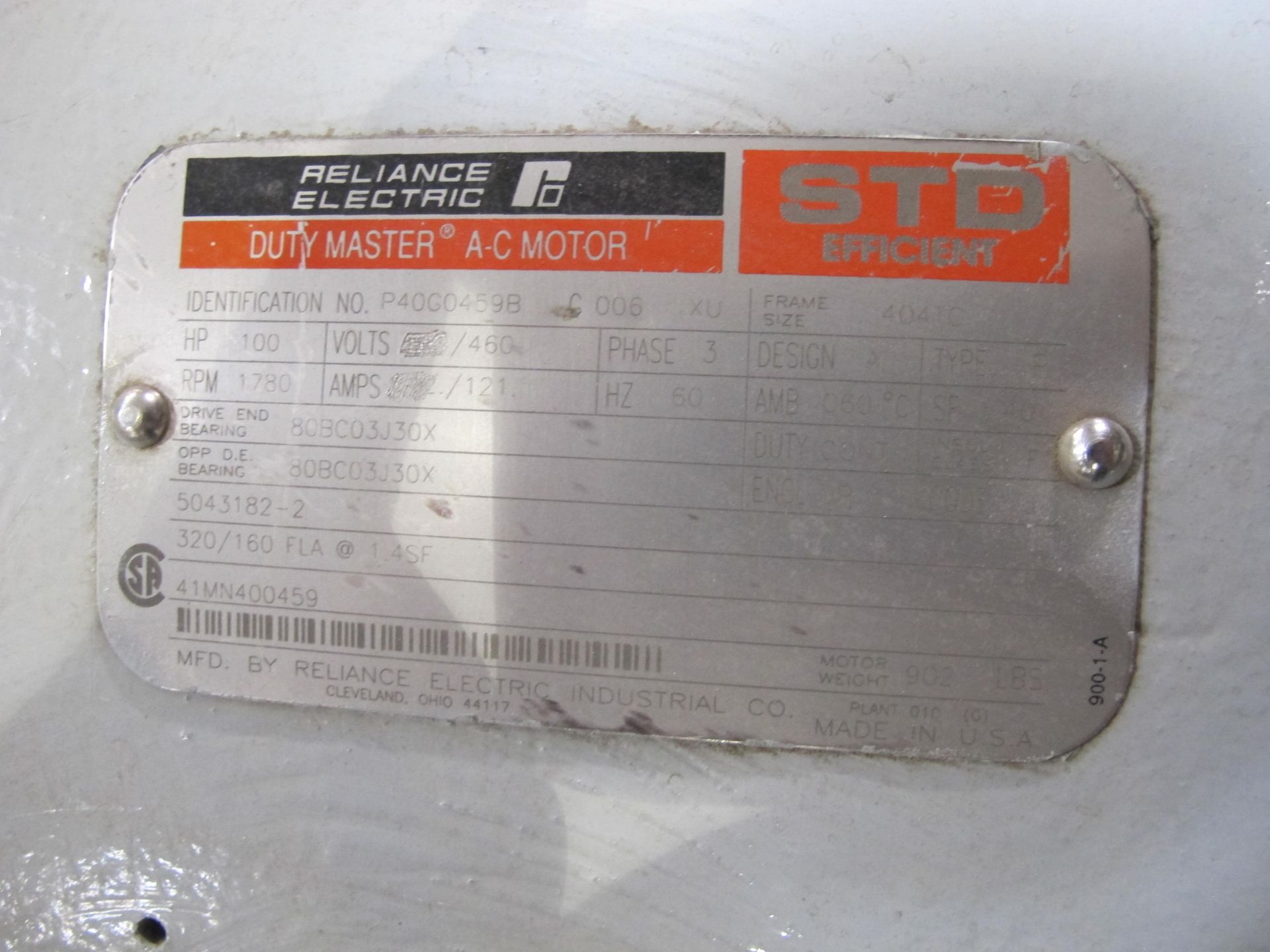 LOT TO INCLUDE: (1) RELIANCE ELECTRIC AC MOTOR, ID P4060459B, 10O HP, 3 PHASE, 1780 RPM, 460 V, - Image 3 of 5