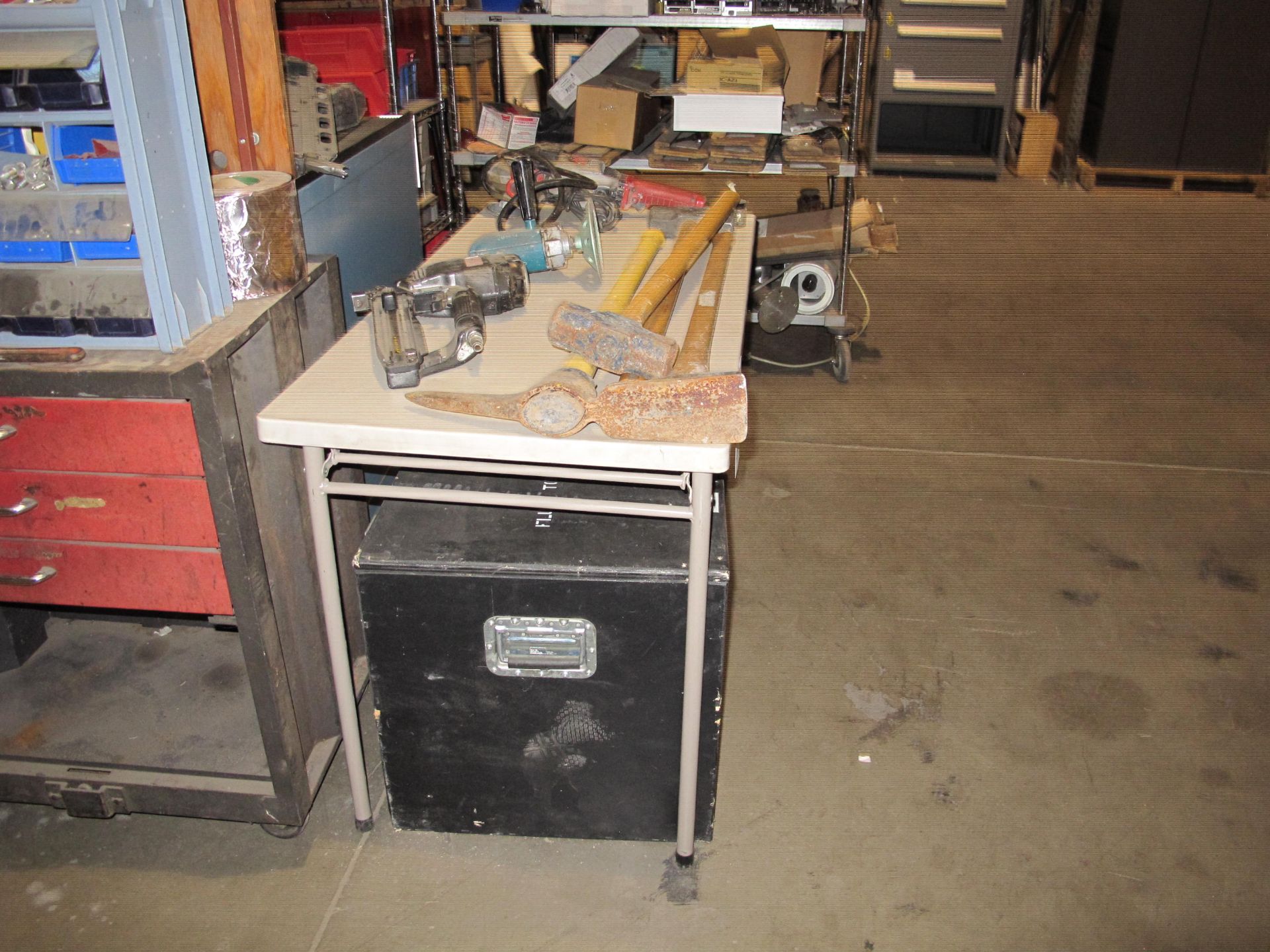 MISC. TOOLING LOT TO INCLUDE: TABLE, TOOLBOXES, HEAVY DUTY PICK AXE, 16 20 LB SLEDGEHAMMERS, - Image 2 of 2