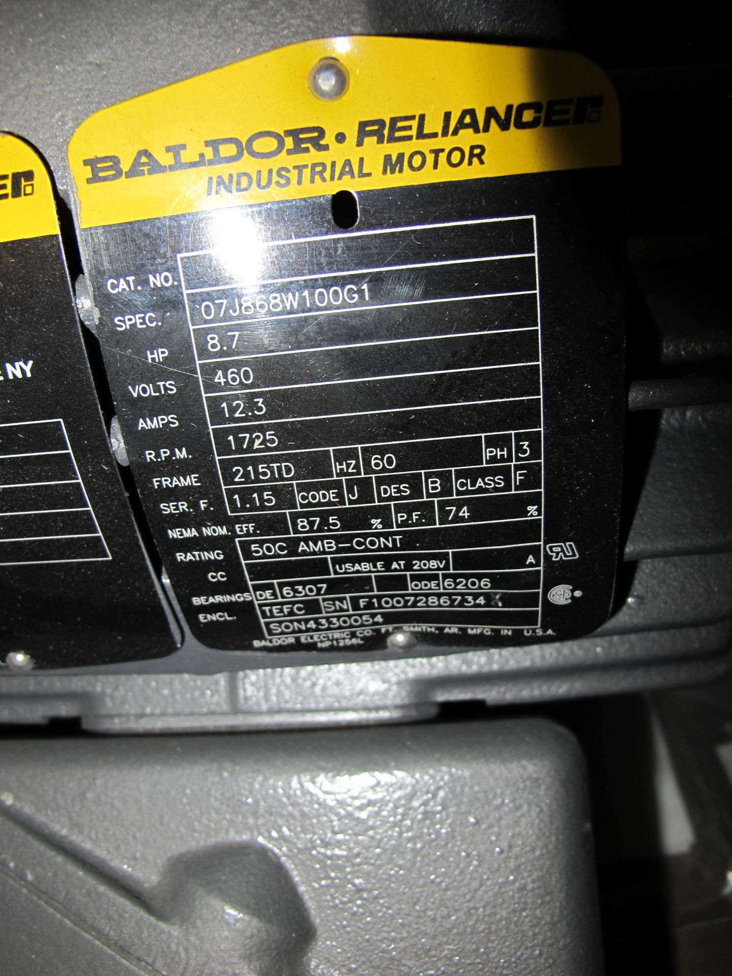 LOT TO INCLUDE: (1) RELIANCE ELECTRIC MOTOR, HP 13, 460 V, 18 A, 60 HZ, (1) BALDOR RELIANCE - Image 3 of 4