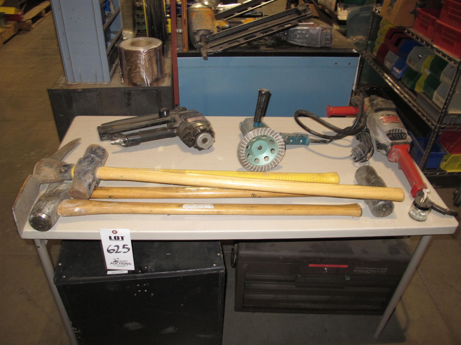 MISC. TOOLING LOT TO INCLUDE: TABLE, TOOLBOXES, HEAVY DUTY PICK AXE, 16 20 LB SLEDGEHAMMERS,