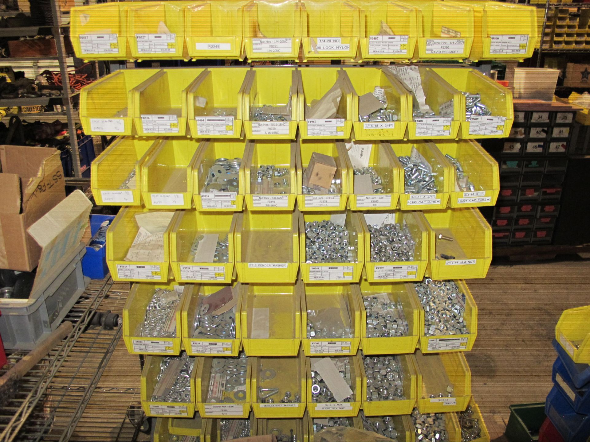 PLASTIC INVENTORY BINS WITH MISC. HARDWARE: WASHERS, NUTS, BOLTS