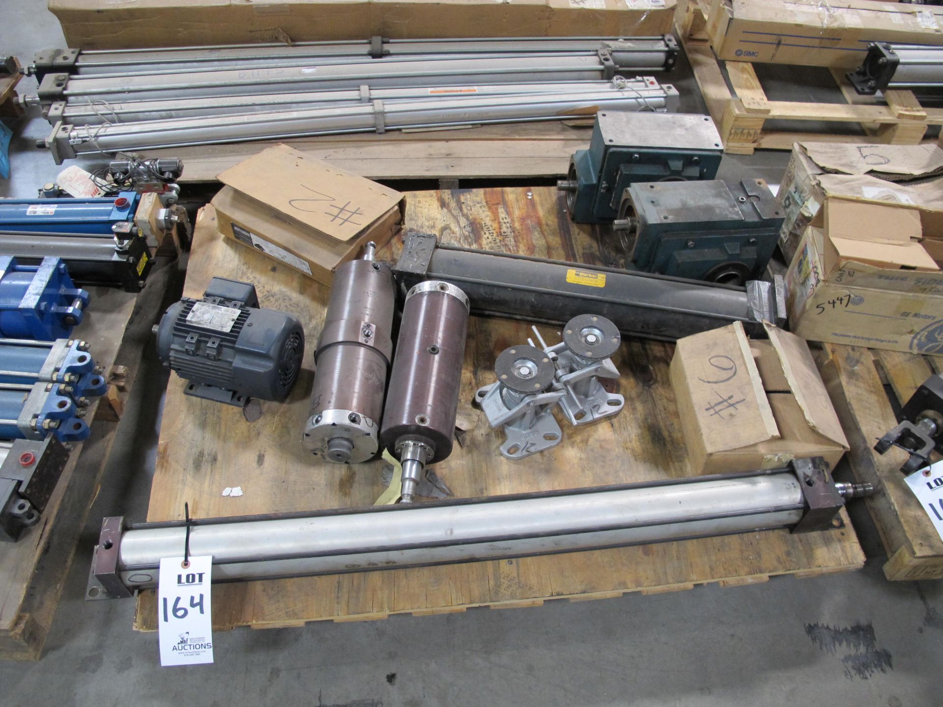 PALLET LOT TO INCLUDE BUT NOT LIMITED TO: MISC. MOTORS, GEAR BOXES, AND CYLINDERS