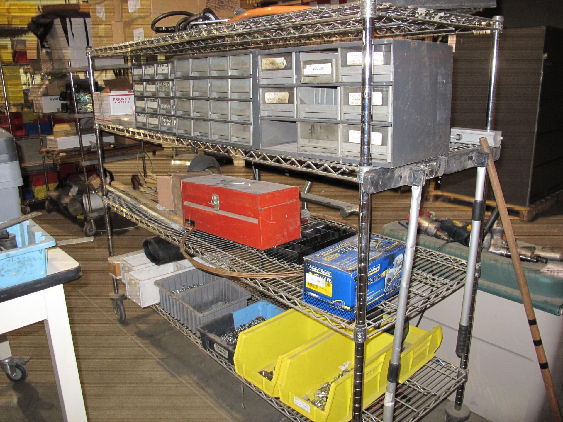 ROLLING STEEL RACK WITH CONTENTS TO INCLUDE: HARDWARE INVENTORY BINS, TOOLBOXES, TOOLING, WELDING - Image 2 of 2