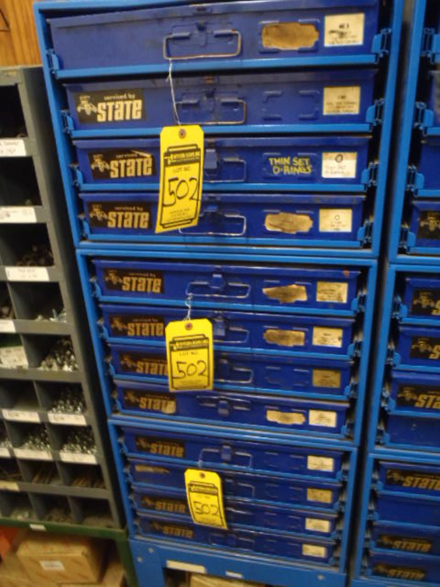 PARTS BINS & CONTENTS W/ ASSORTMENT OF WIRE NUTS, O-RINGS, COTTER KEYS ETC.