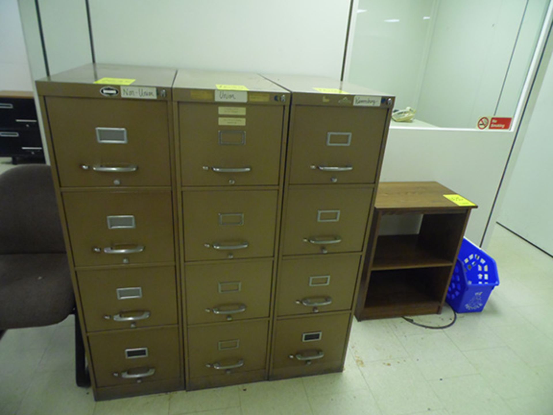 TABLE, (4) FILE CABINETS AND CHAIRS