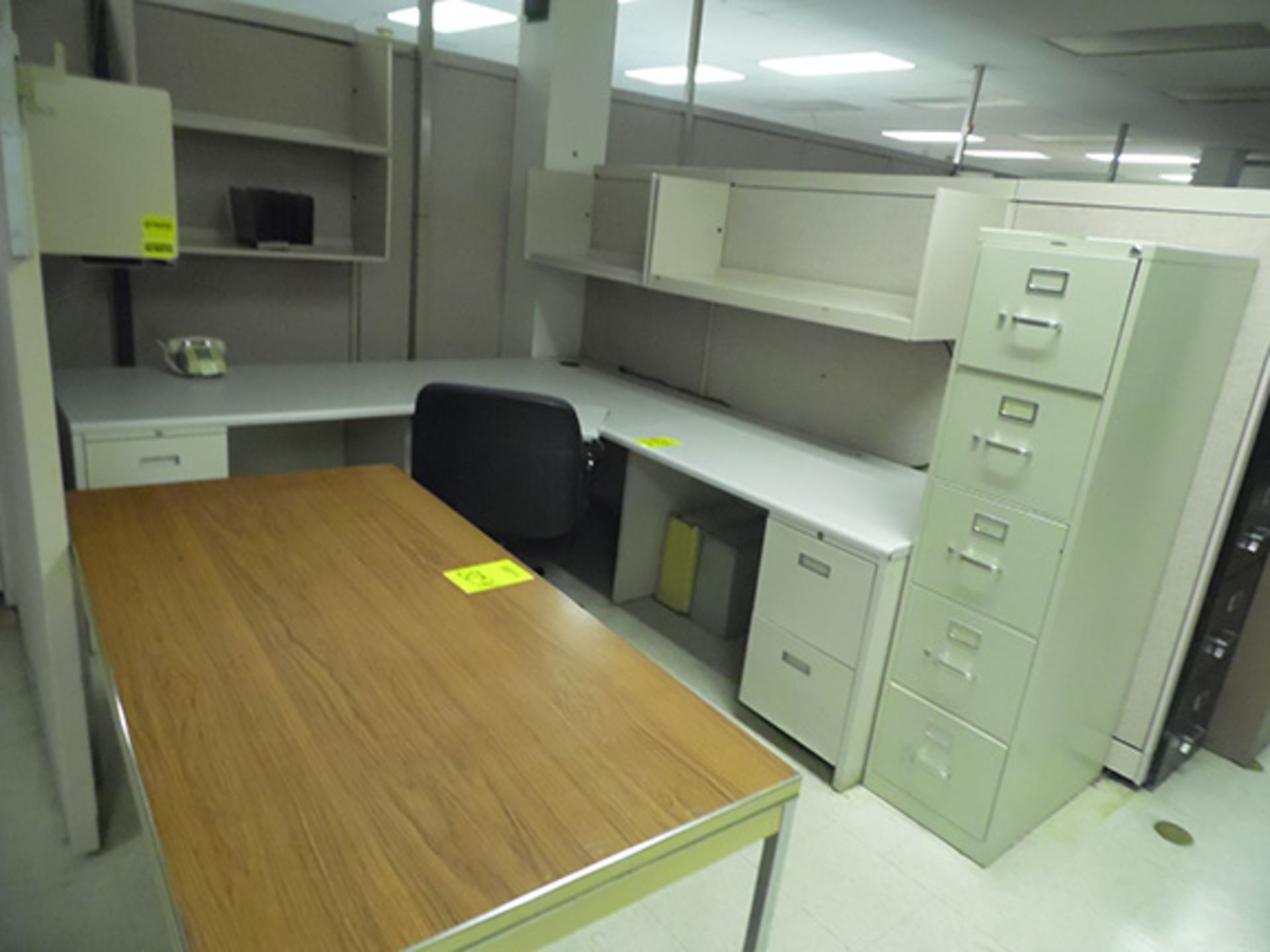 CONTENTS OF CUBICAL; DESK, FILE CABINET, TABLE AND CHAIR