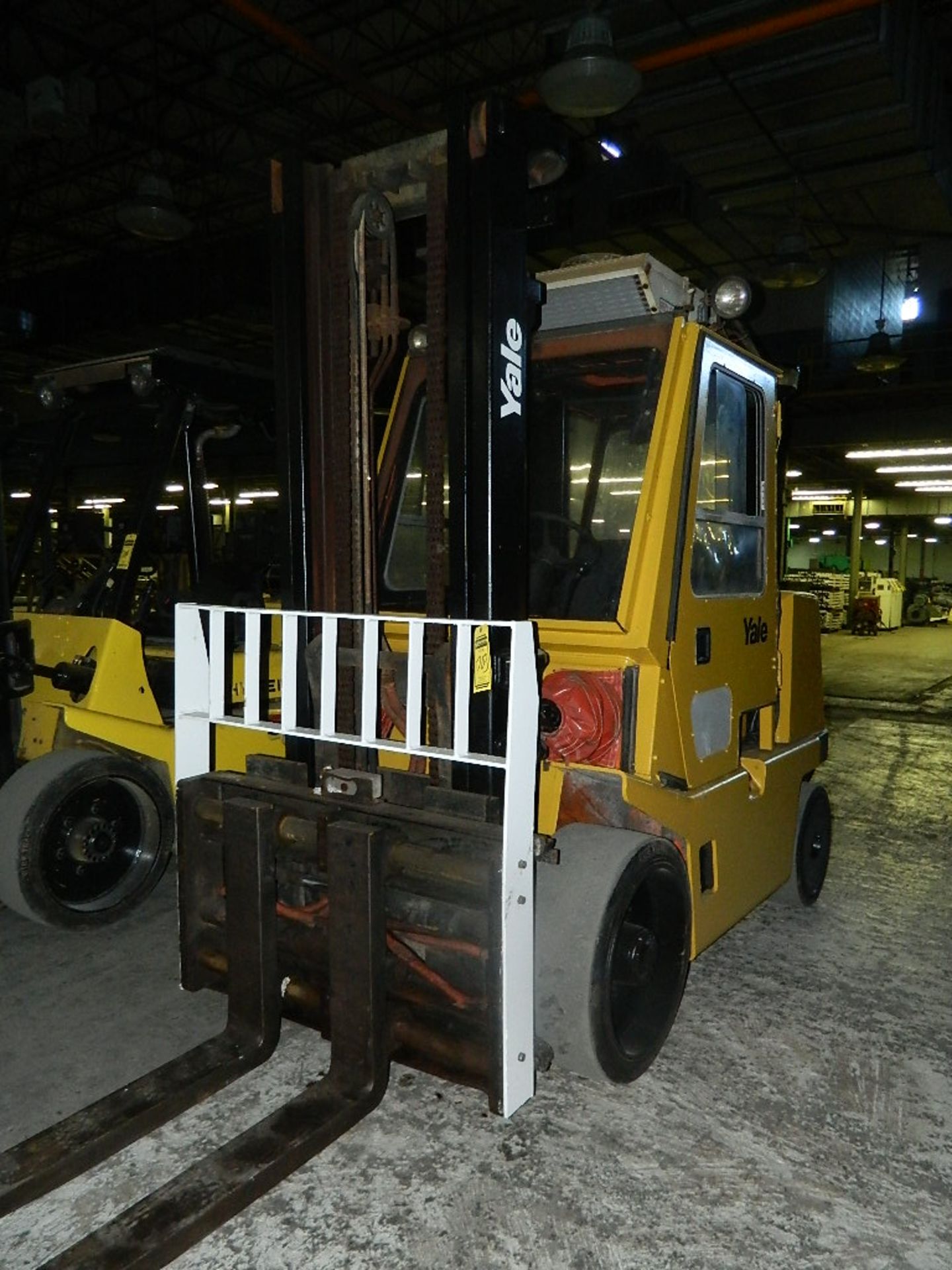 YALE 13,000 CAPACITY FORKLIFT, DIESEL, CAB A/C HEAT, FORK CLOSURES, SOLID TIRES, 5,823 HOURS, S/N