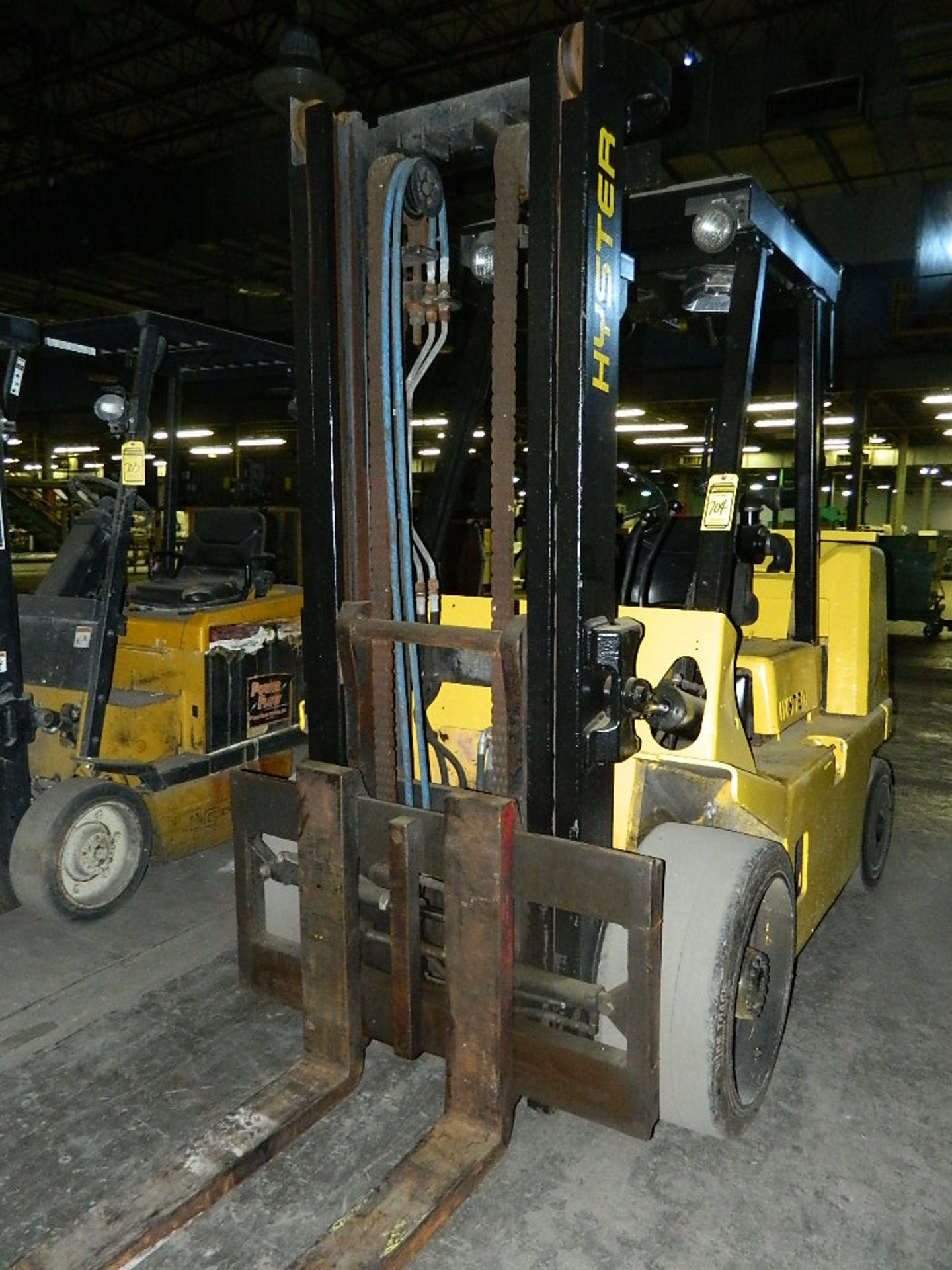 HYSTER 9,600 LBS. CAPACITY FORKLIFT, DIESEL, ROPS, SIDE SHIFT, SOLID TIRES, 8,523 HOURS, S/N