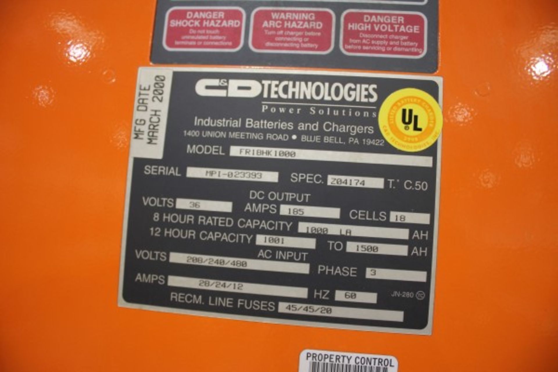 C&D Technologies 36 Volt Battery Charger, M# FR18HK1000, S/N MPI-023393, 185 Amp | Loading Fee: $5 - Image 2 of 2