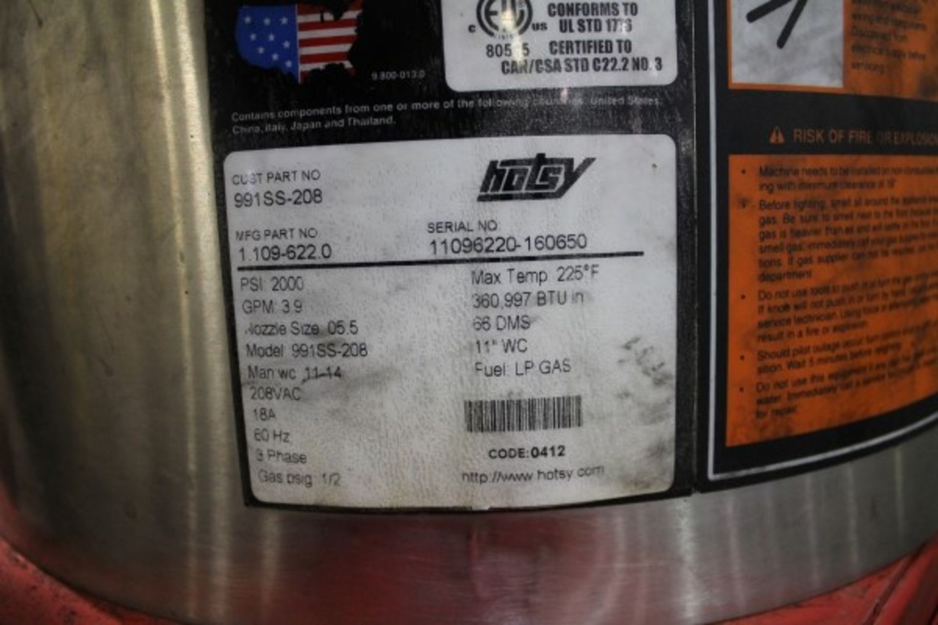 Hotsy Power Washer, M# 991SS-208, S/N 11096220-160650, (208V, 3 PH, LP Heat) - Image 2 of 2