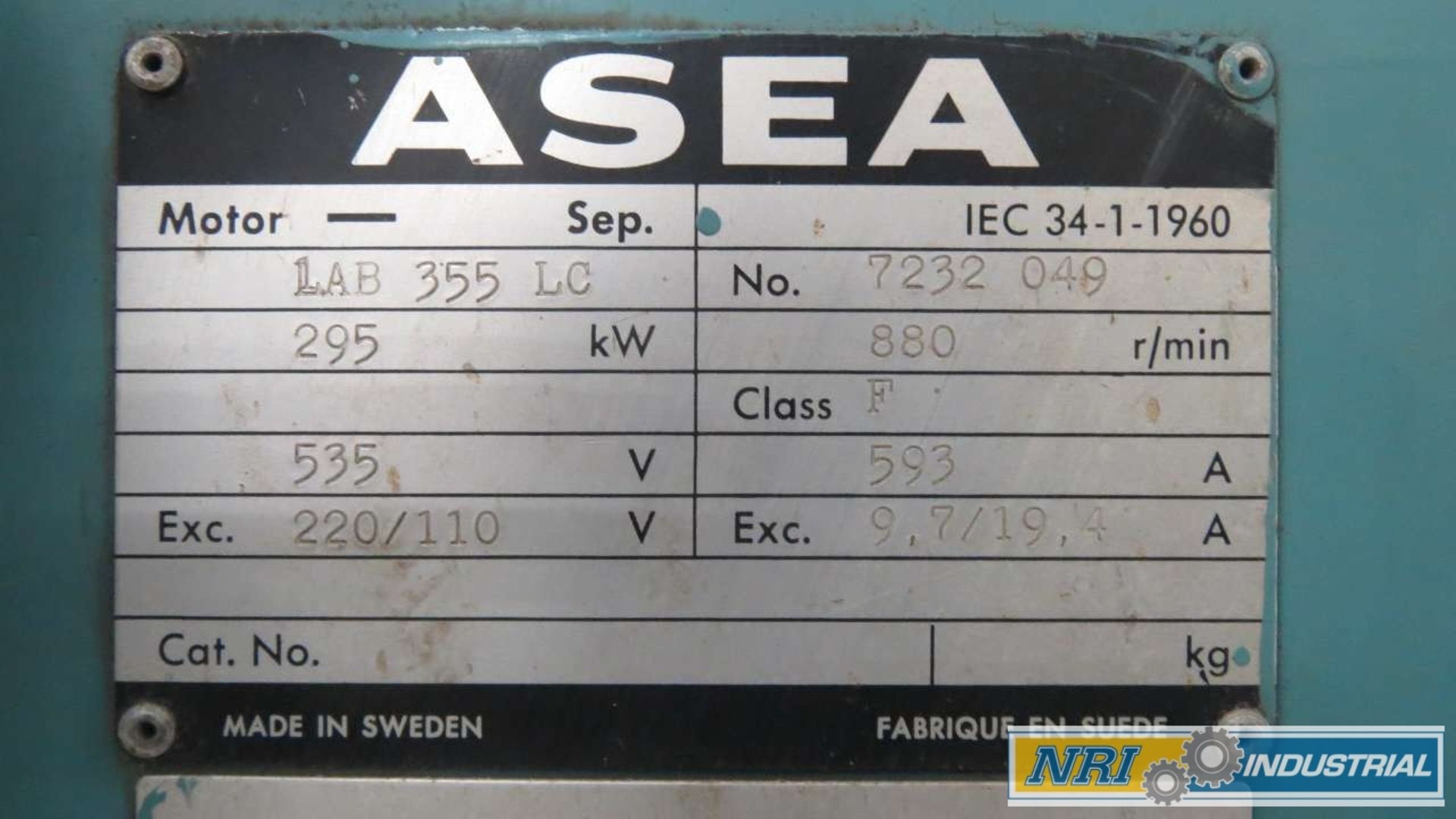 ASEA LAB 355 LC FORCED DRAUGHT 295KW 535V-DC 880RPM DC ELECTRIC MOTOR - Image 2 of 2