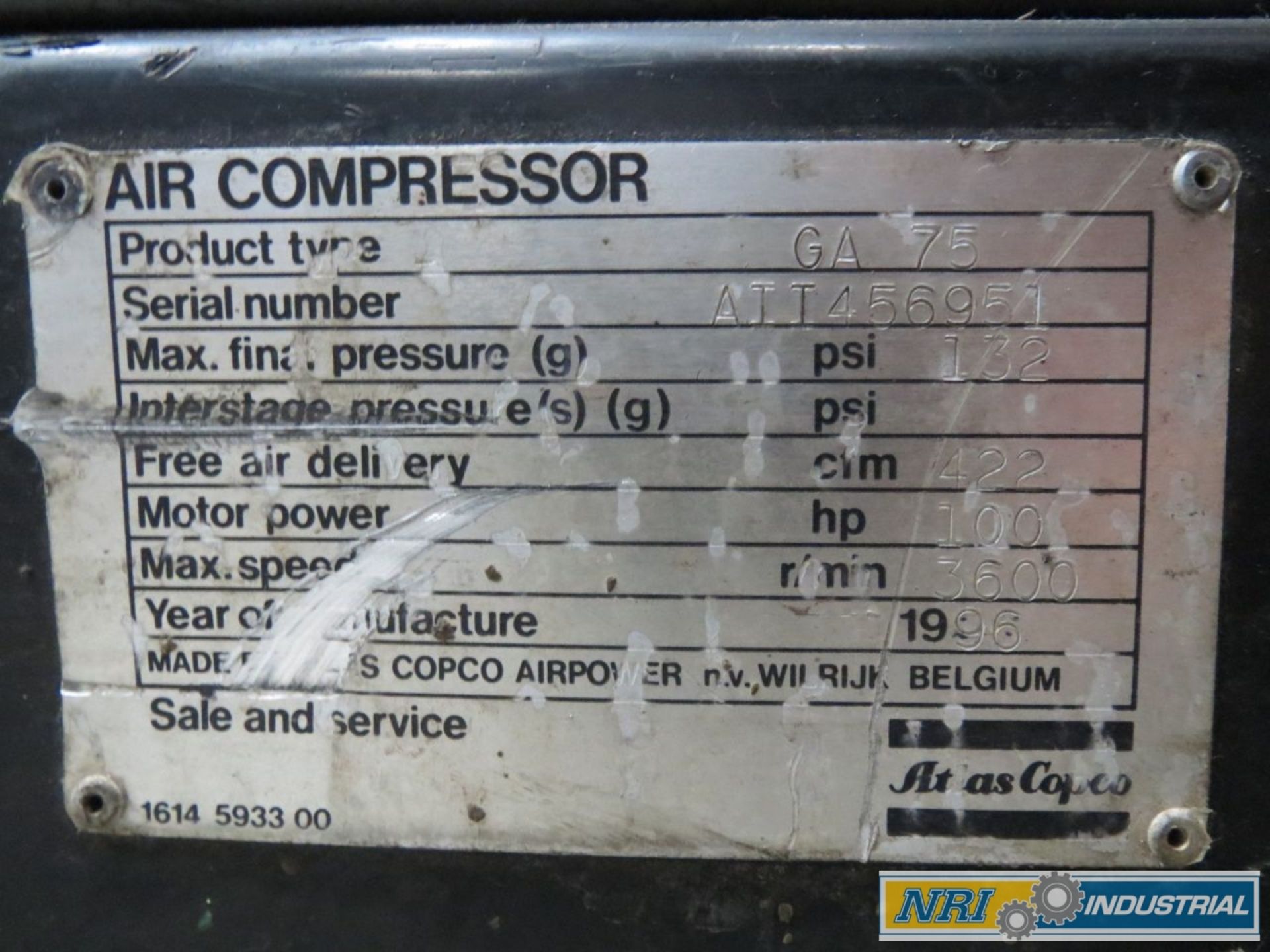 ATLAS COPCO GA75W 100 HP OIL-INJECTED ROTARY SCREW AIR COMPRESSOR AIR COMPRESSOR - Image 5 of 5