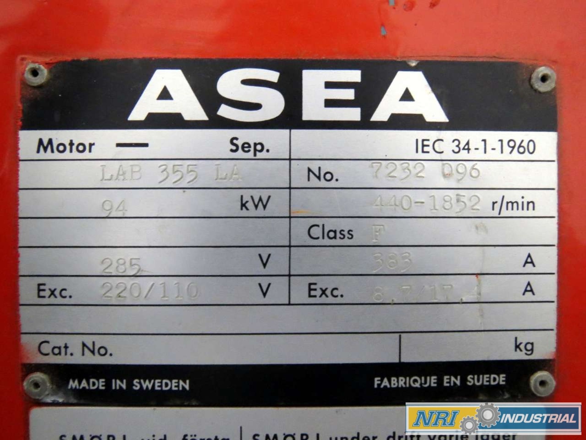 ASEA LAB 355 LA SIEMENS FORCED DRAUGHT 94KW 285V-DC 440-1852RPM DC ELECTRIC MOTOR - Image 2 of 2