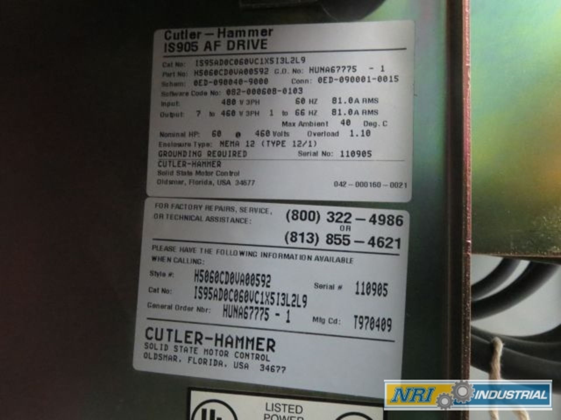 CUTLER HAMMER IS95AD0C060VC1X5I3L2L9 IS905 60HP 1-66HZ 81A AMP ADJUSTABLE FREQUENCY AC MOTOR DRIVE - Image 3 of 3