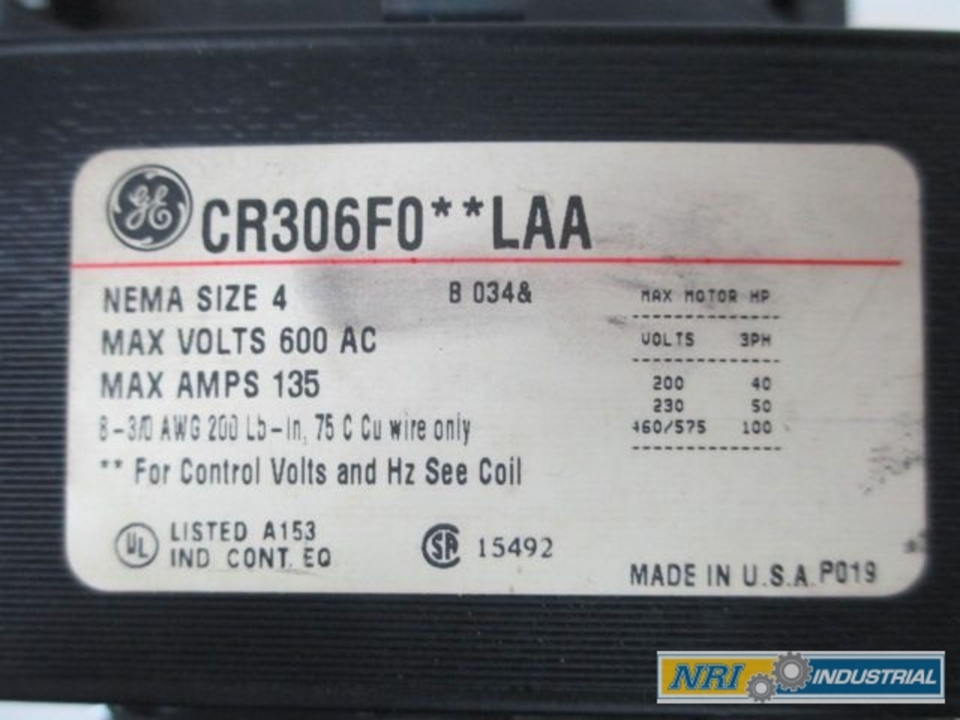 GENERAL ELECTRIC CR306F002LAA SIZE 4 FULL VOLTAGE 100HP 135A MOTOR STARTER - Image 2 of 2