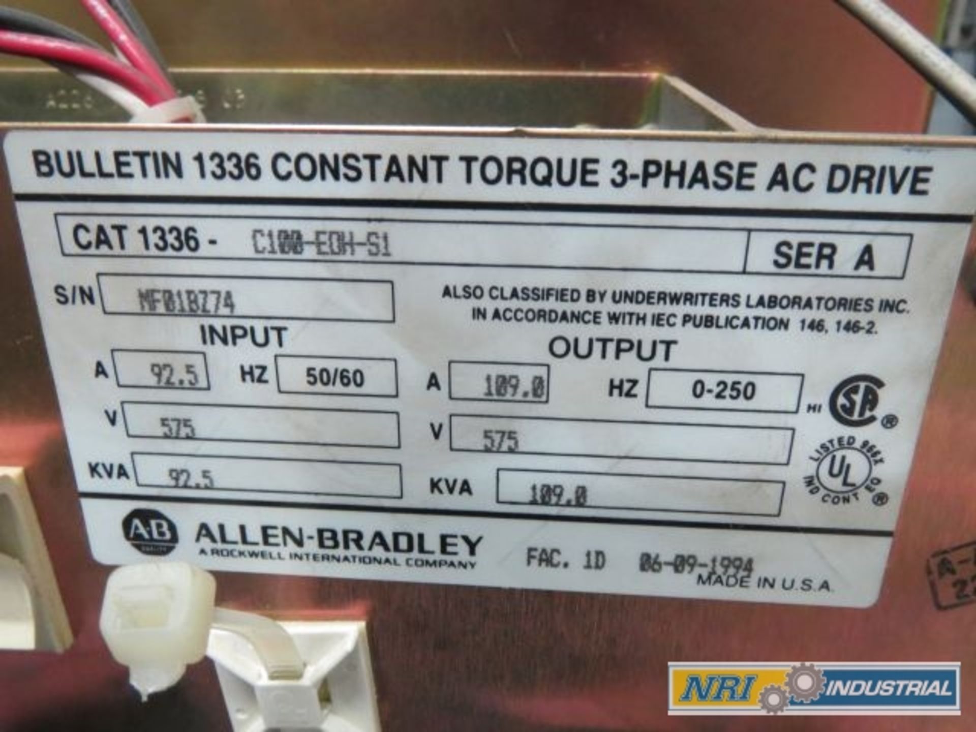 ALLEN BRADLEY 1336-C100-EOH-S1 100HP 109A AMP CONSTANT TORQUE AC MOTOR DRIVE - Image 3 of 3