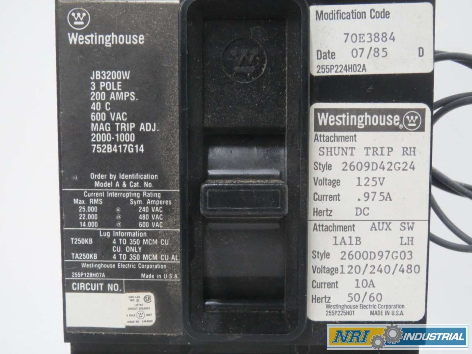 WESTINGHOUSE JB3200W 3P 200A AMP 600V-AC MOLDED CASE CIRCUIT BREAKER - Image 2 of 3