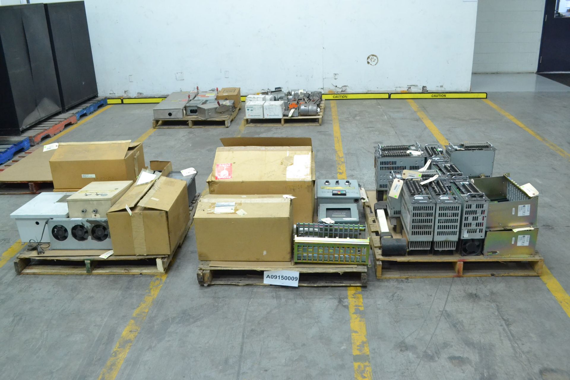 3 PALLETS OF ASSORTED ELECTRICAL CONTROLS UNITS, CONTROLLERS, PCB MODULES, RELAYS, CABLE