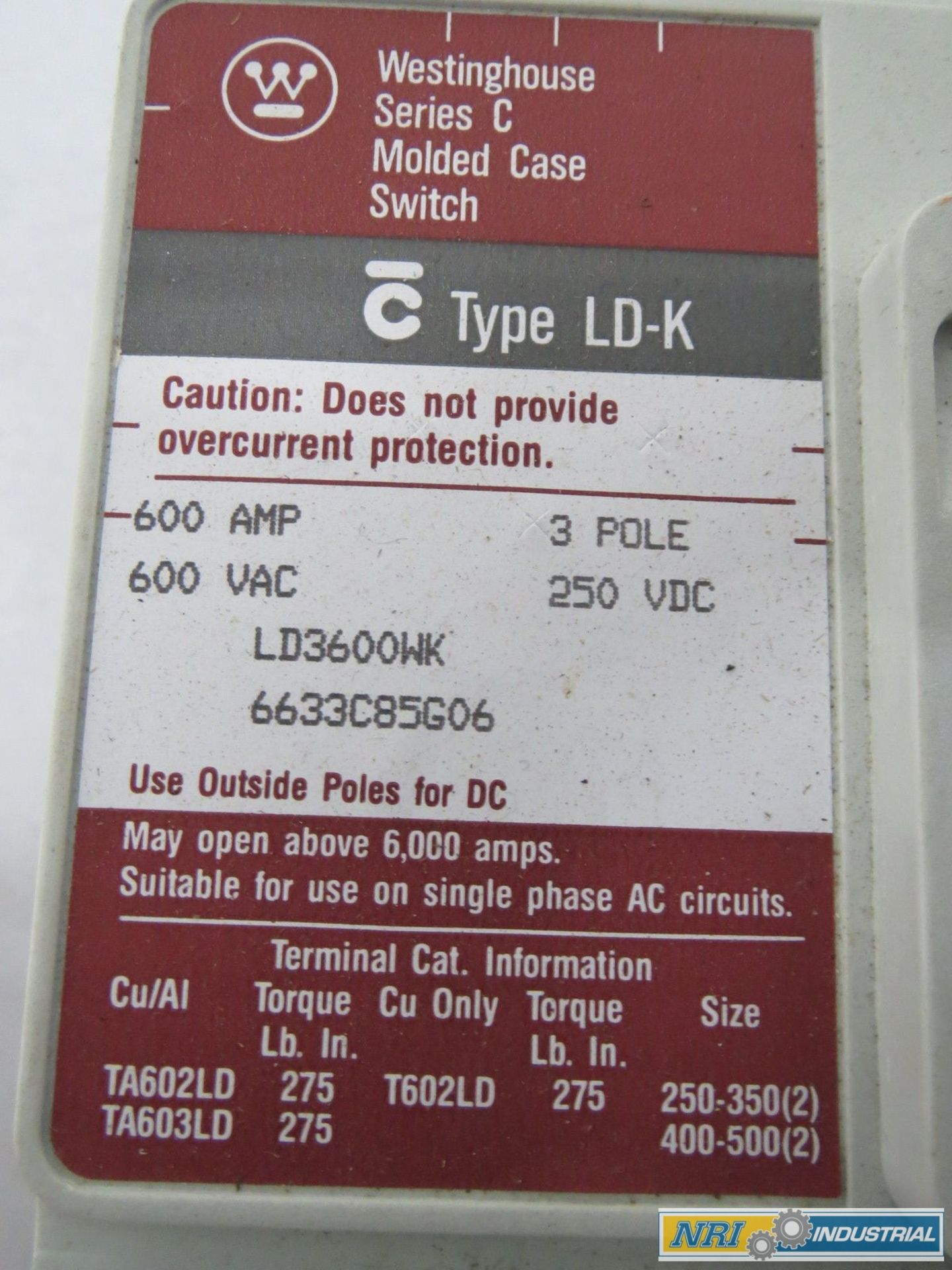 WESTINGHOUSE LD3600WK MOLDED CASE SWITCH 3P 600A AMP 600V-AC CIRCUIT BREAKER - Image 3 of 4
