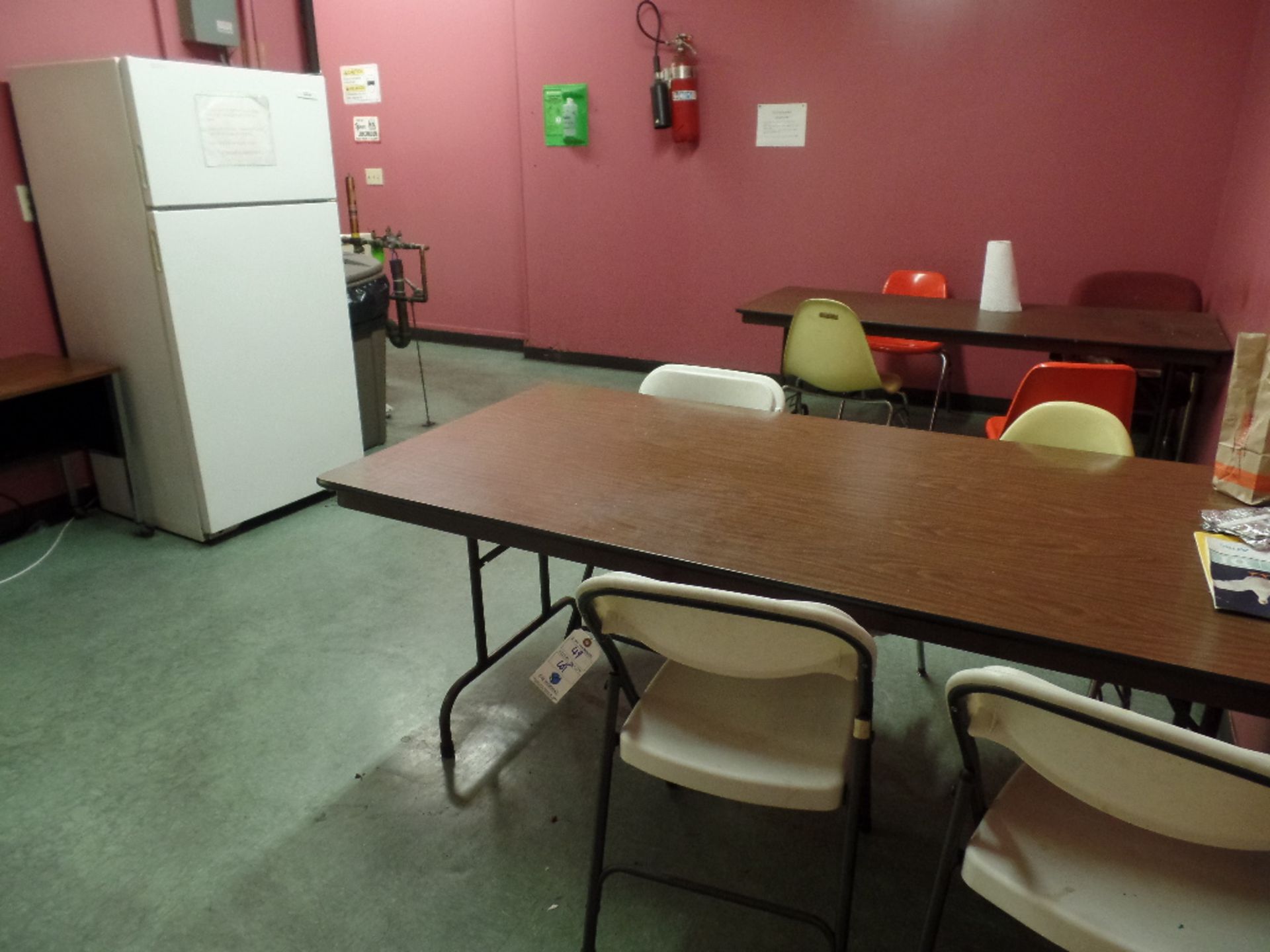 {LOT{ In Kitchen c/o Tables, Chairs, Refrig., Microwave, Janitorial Etc. (NO WATER DISPENSER)