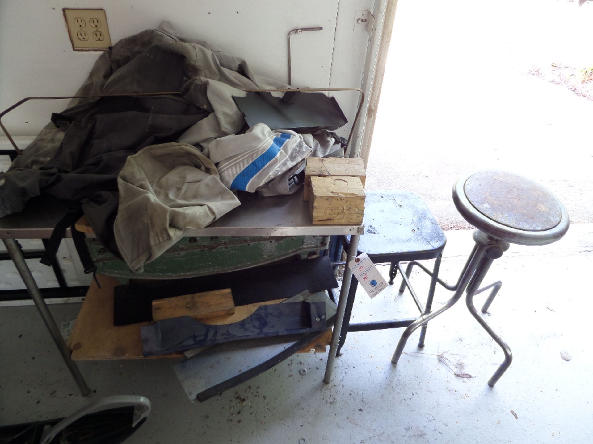 {LOT} Shelving, Stools, Shingle Cutter, Ladder, Etc