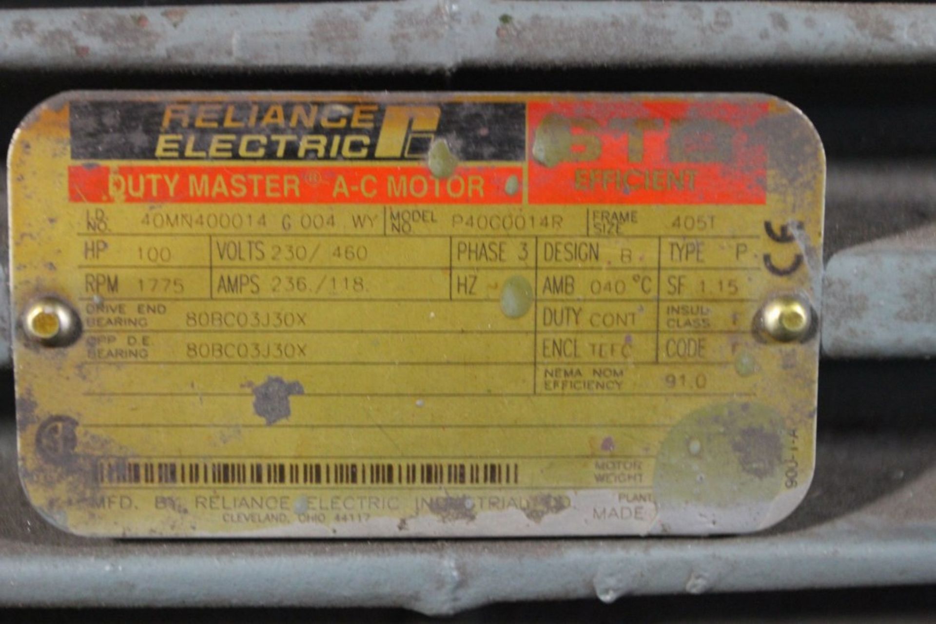 100 HP Reliance Electric Duty Master AC Motor; 23/460V; 236/118 Amp; 1775 RPM - Image 2 of 2