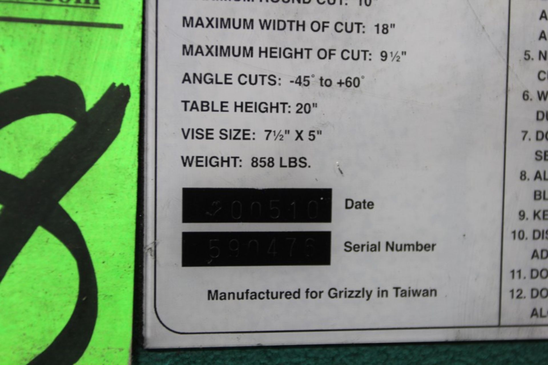 Grizzly G0592 Horizontal Bandsaw, S/N. 590476 - Image 5 of 5