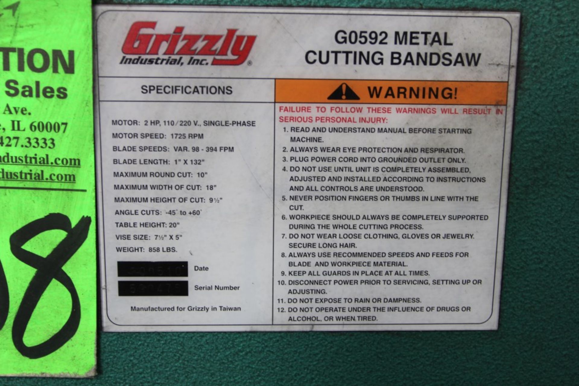 Grizzly G0592 Horizontal Bandsaw, S/N. 590476 - Image 4 of 5