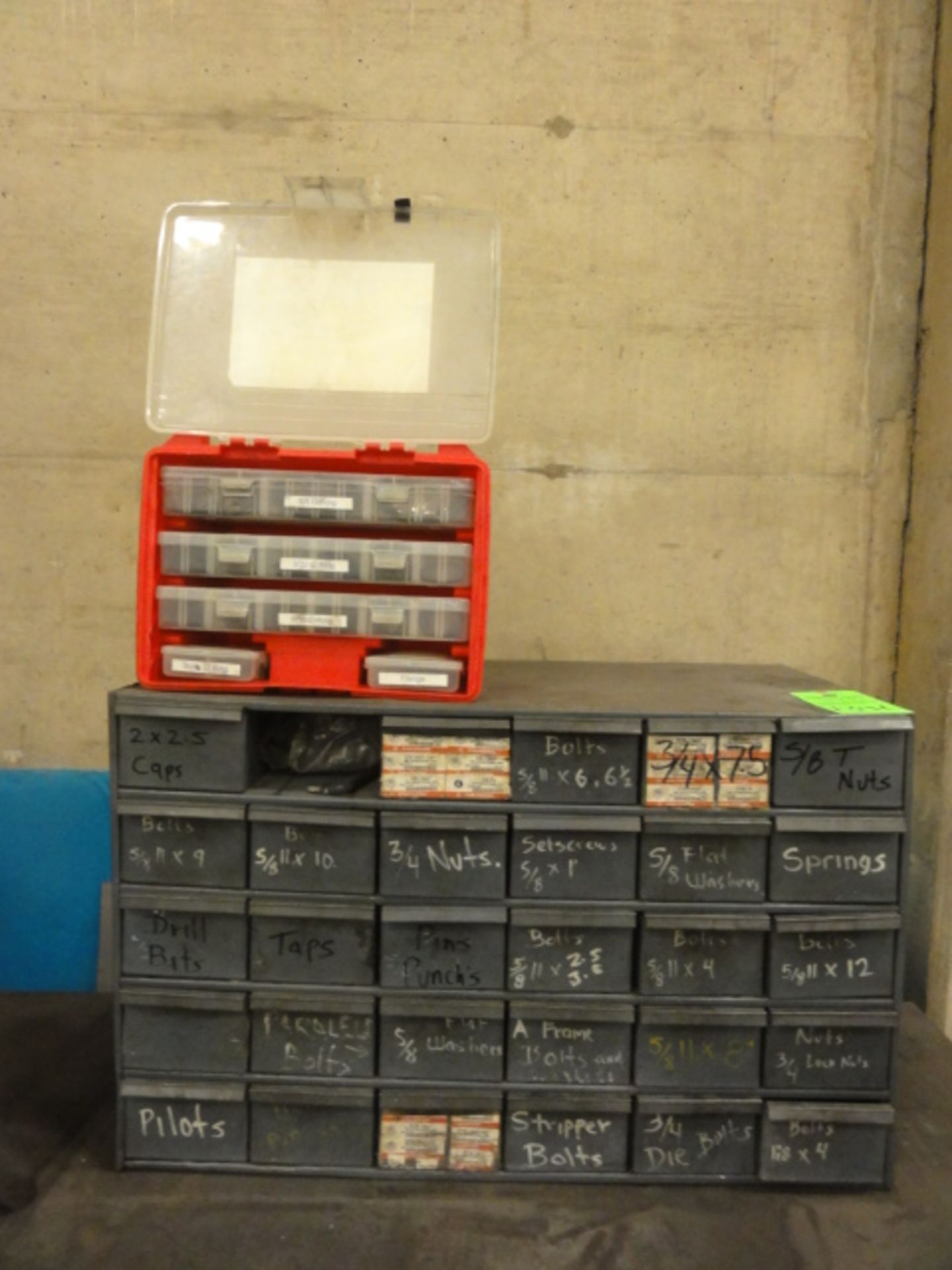 29-Drawer Small Parts Bins w/ Contents Incl Drills, Taps, Pin Punches, Bolts, Nuts, Multi Drawer