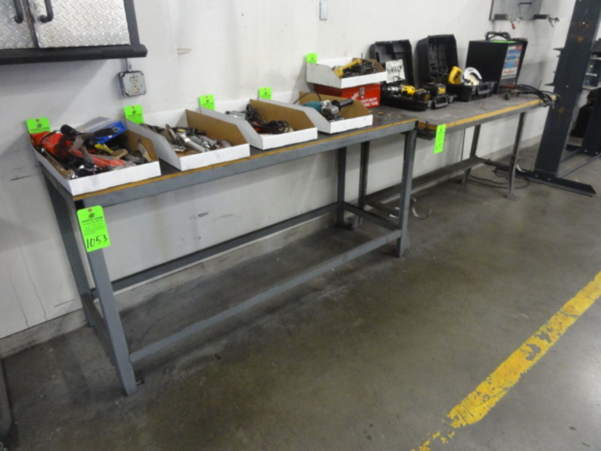 Lot of (4) 6' Folding Tables, (3) Steel Frame Wood Top Work Benches, Located in Plastics